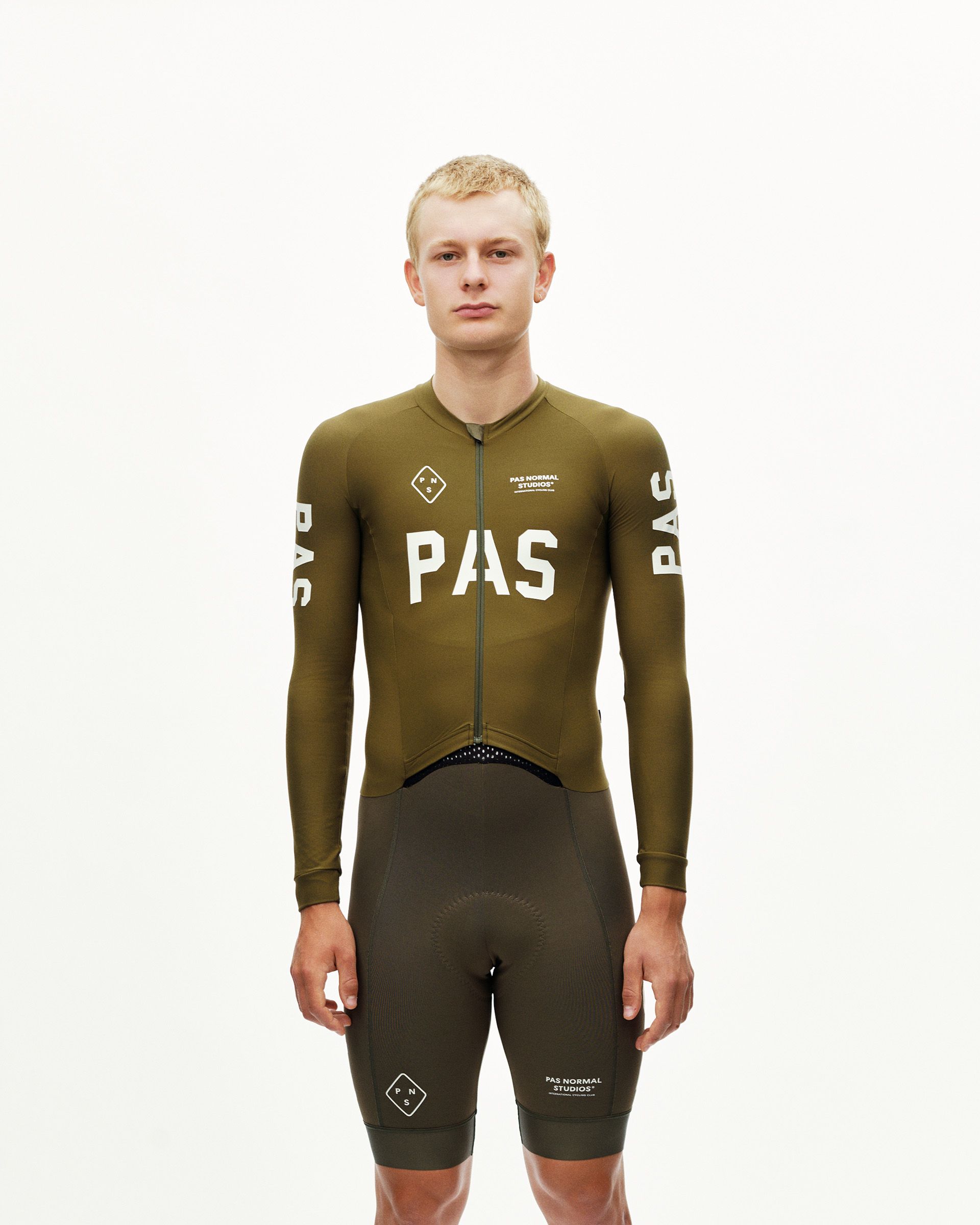 Moss Brown PAS men's thermal cycling speedsuit, front view on model with large white chest logo