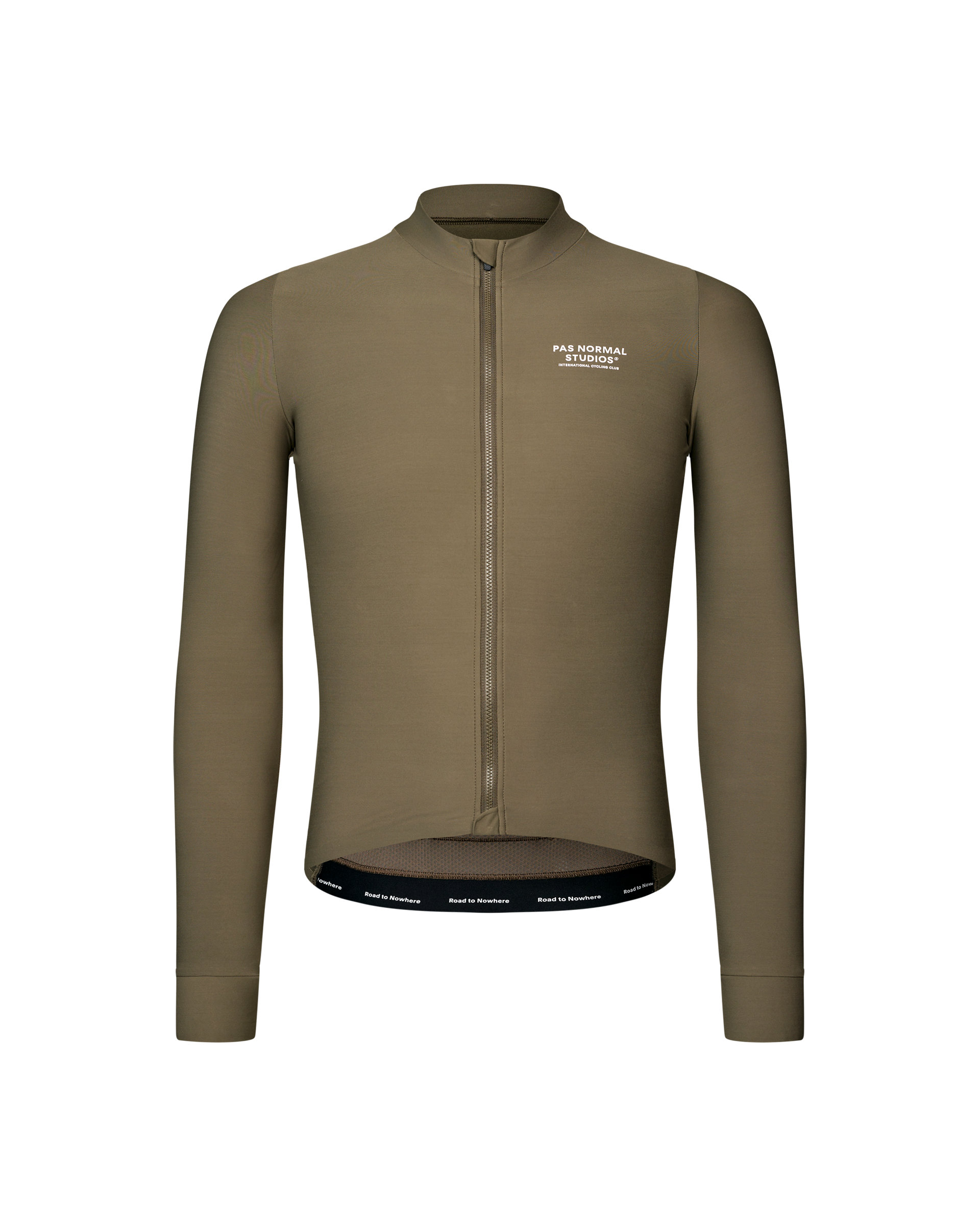 Brown Mechanism long sleeve cycling jersey, front view with white chest logo