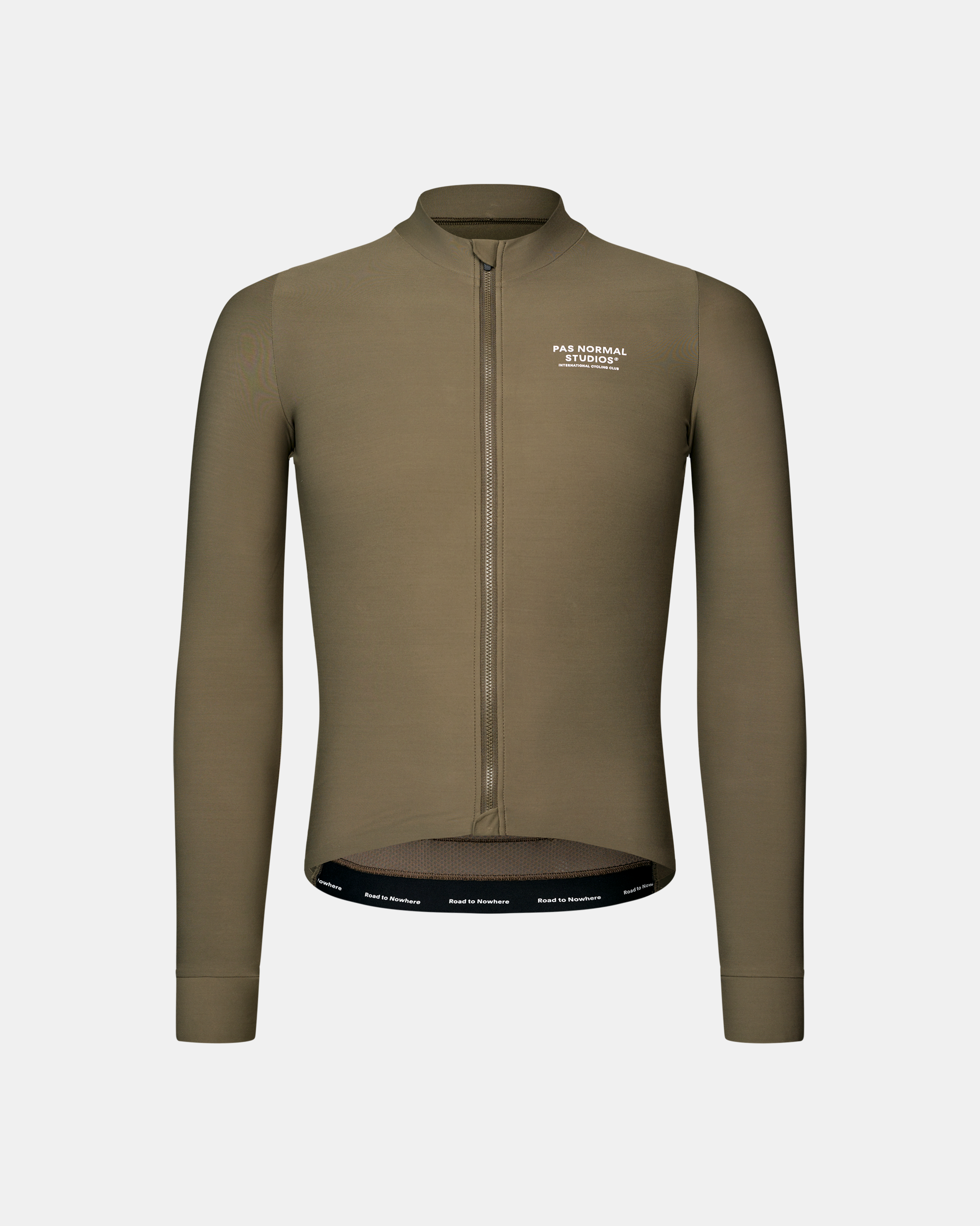 Brown Mechanism long sleeve cycling jersey, front view with white chest logo