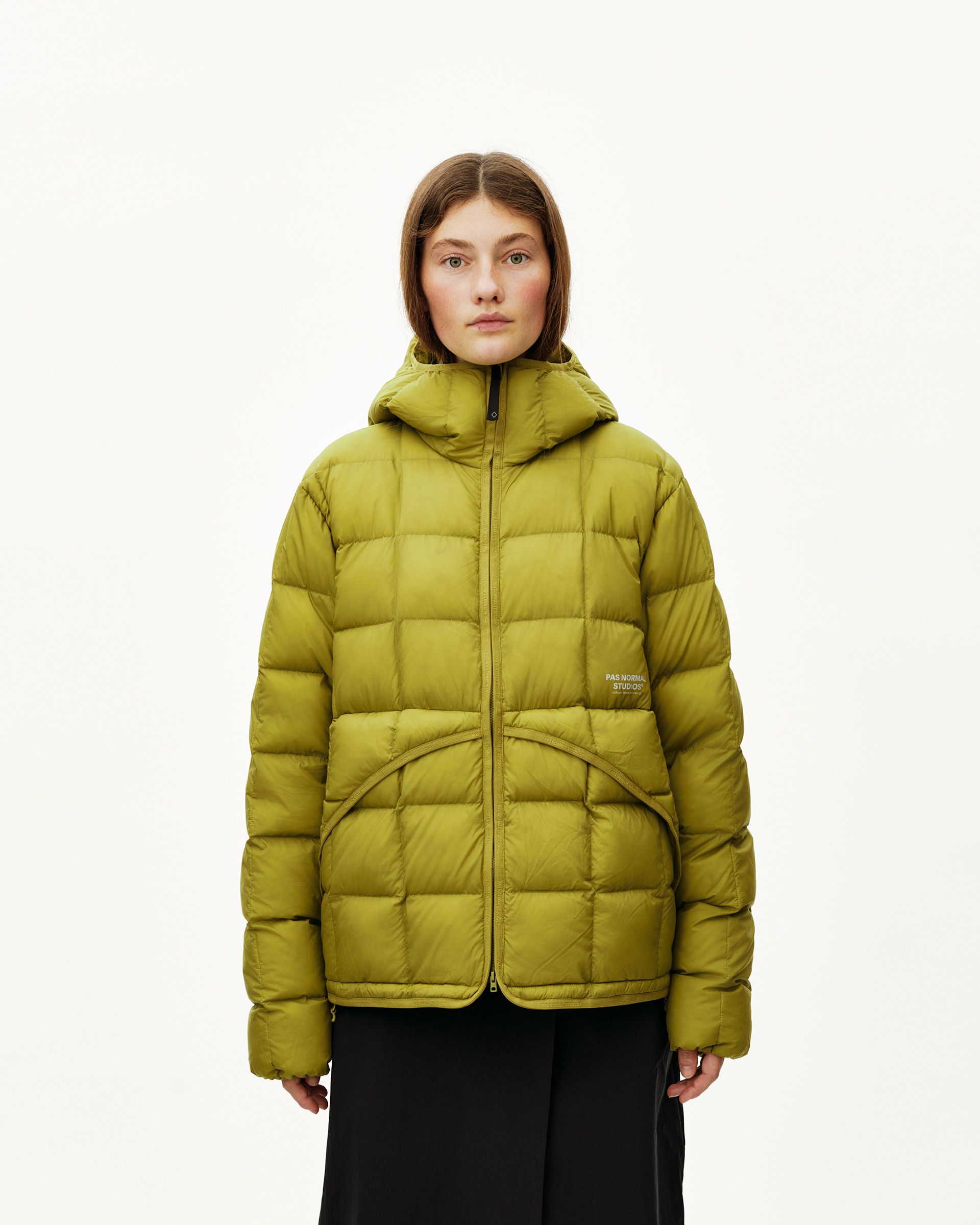 Dark Lime green Off-Race Down Liner jacket on model, front view with box quilting and full zip