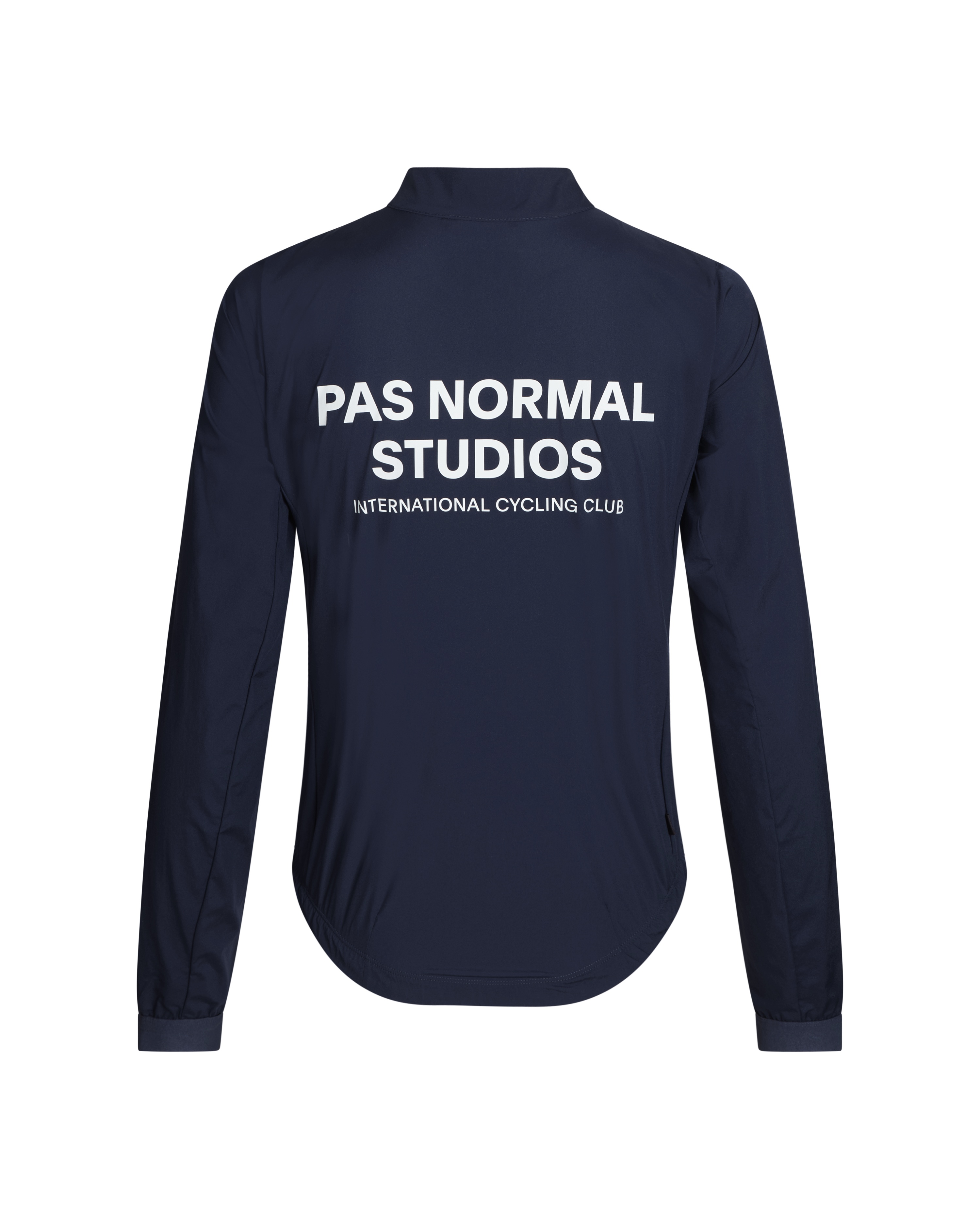 Navy Mechanism Stow Away jacket, rear view with white logo print