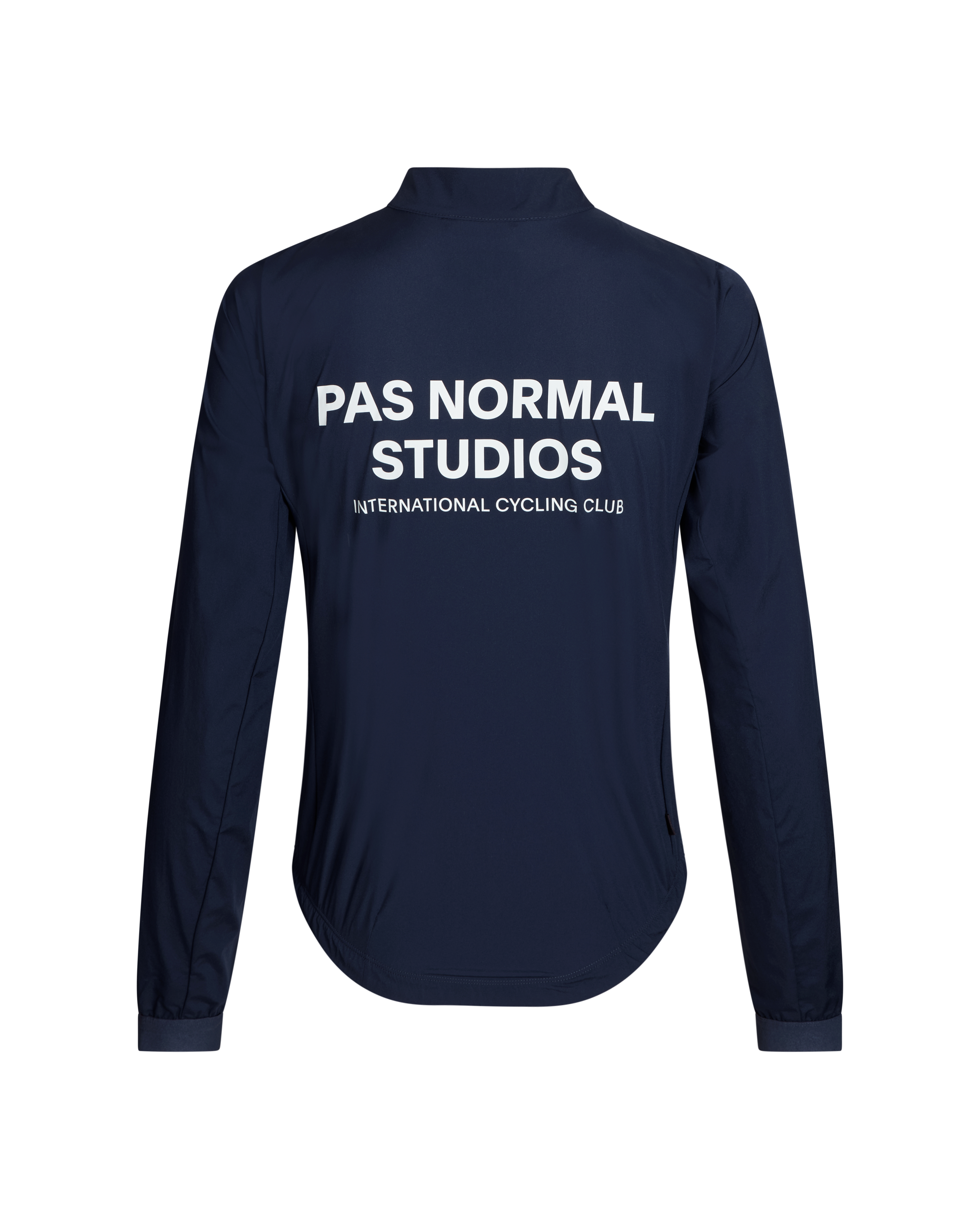 Navy Mechanism Stow Away jacket, rear view with white logo print