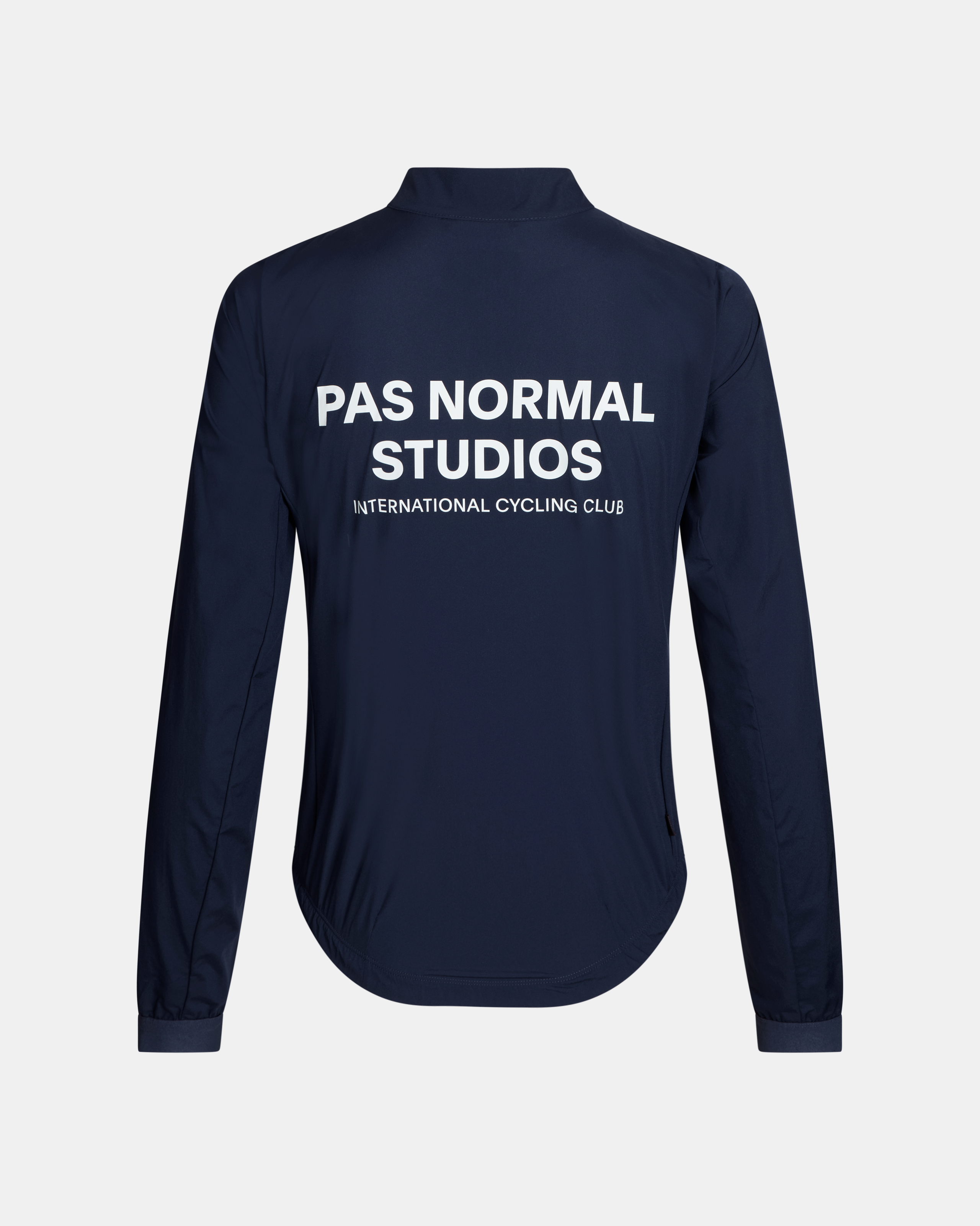 Navy Mechanism Stow Away jacket, rear view with white logo print