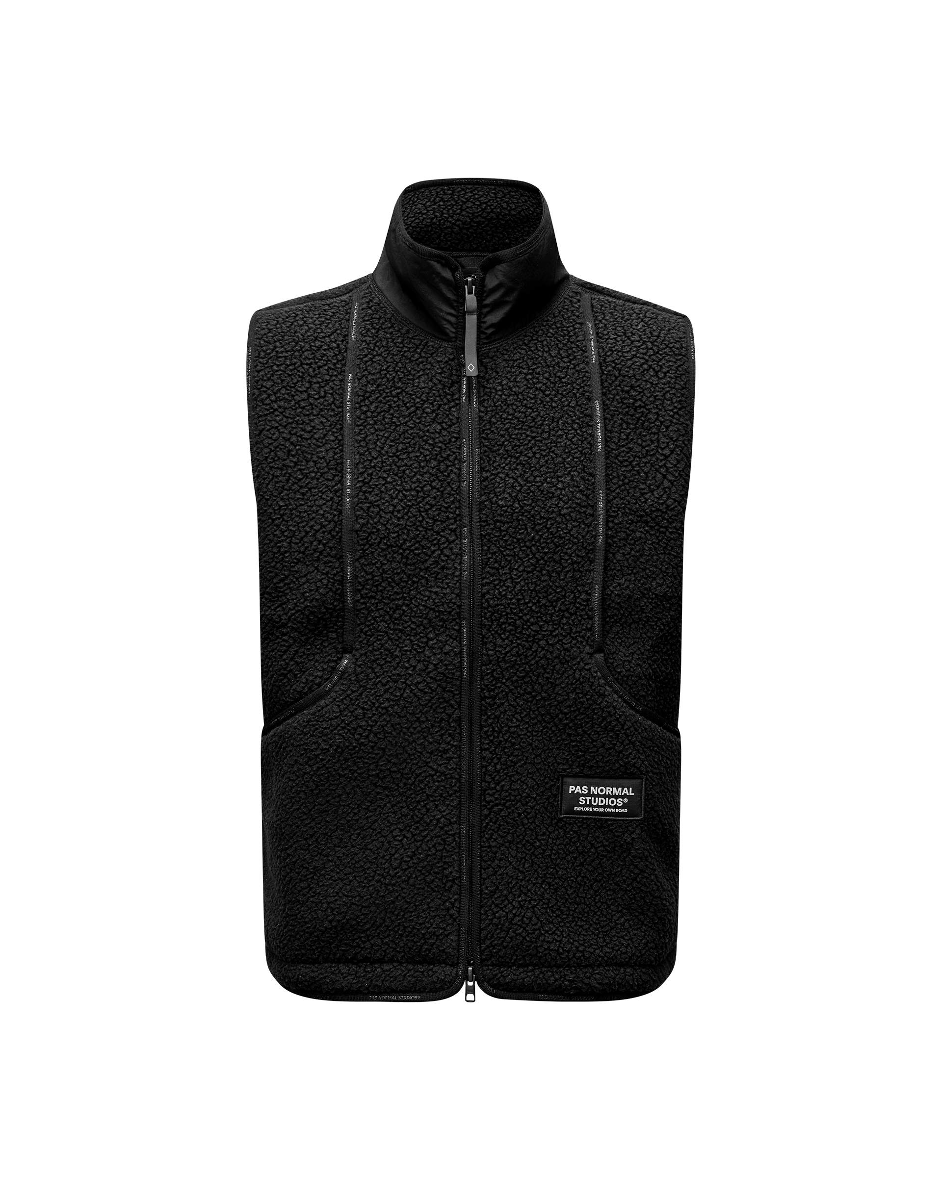 Black Off-Race Pile Fleece Vest, front flat lay with full zip and sherpa texture