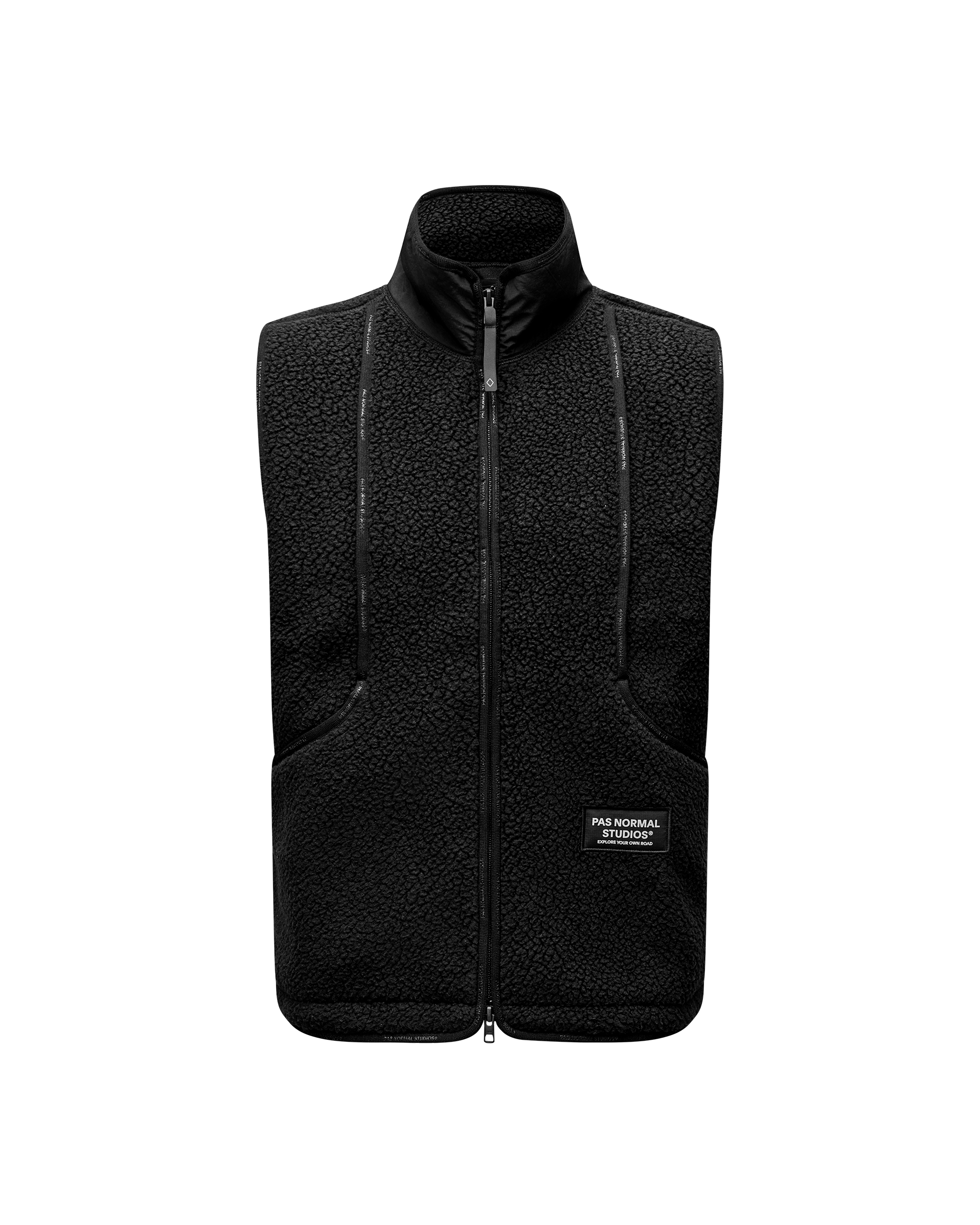 Black Off-Race Pile Fleece Vest, front flat lay with full zip and sherpa texture