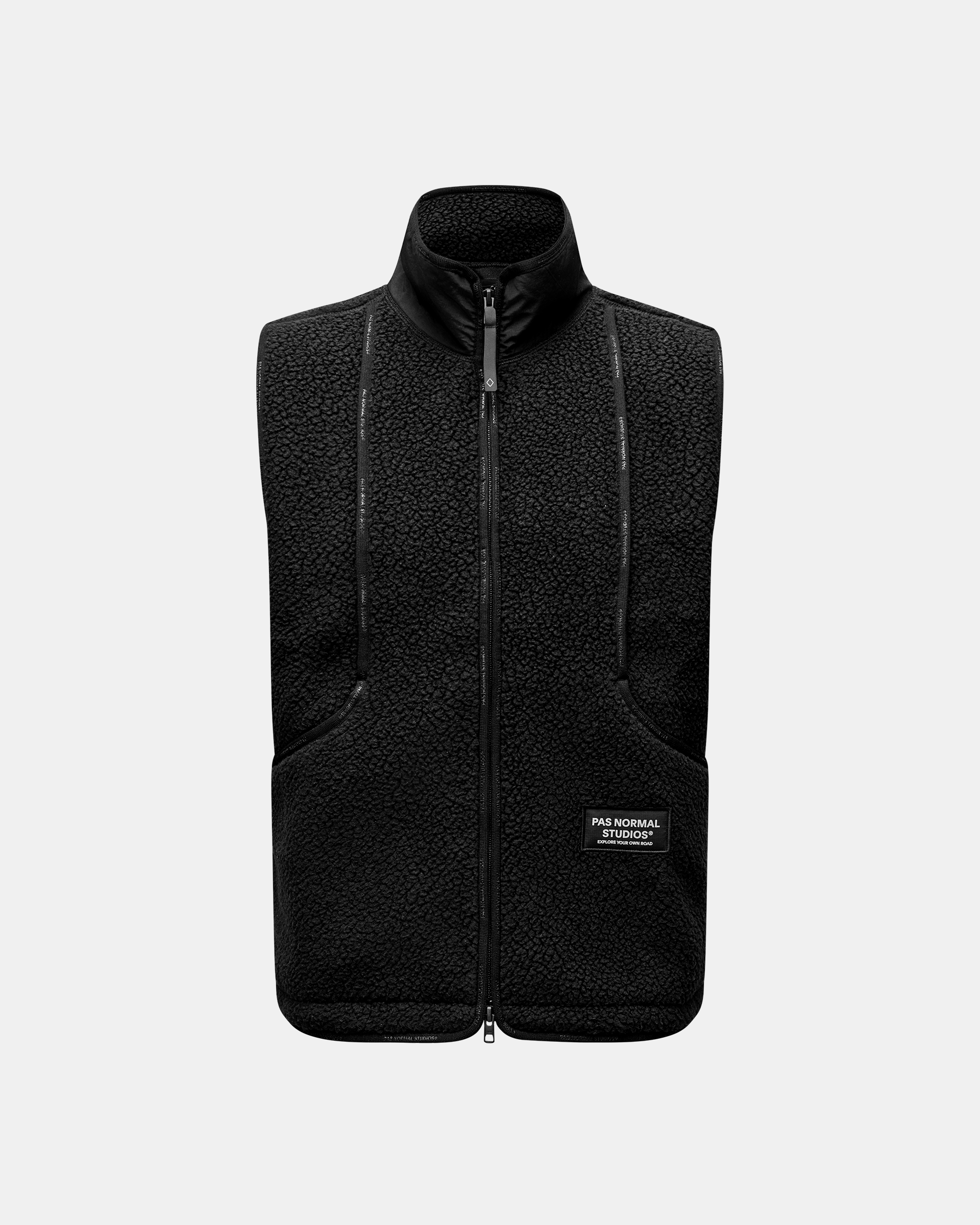 Black Off-Race Pile Fleece Vest, front flat lay with full zip and sherpa texture