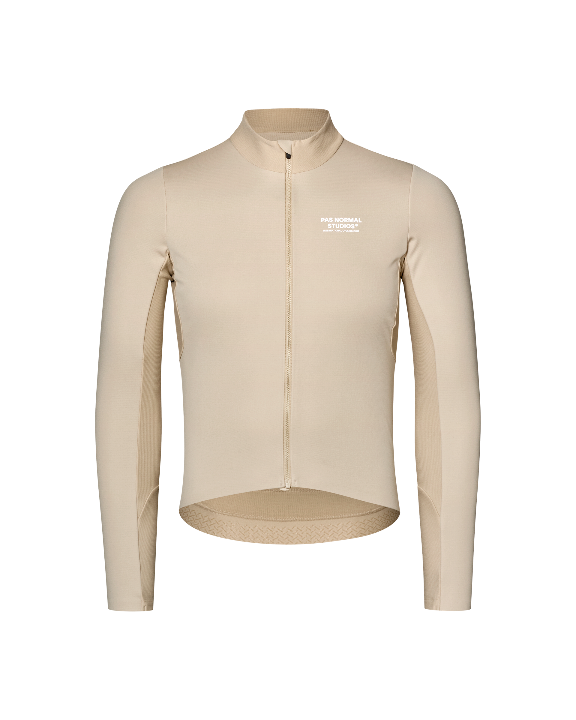 Linen Mechanism Thermal Long Sleeve cycling jersey, front flat lay with full zip and white chest print