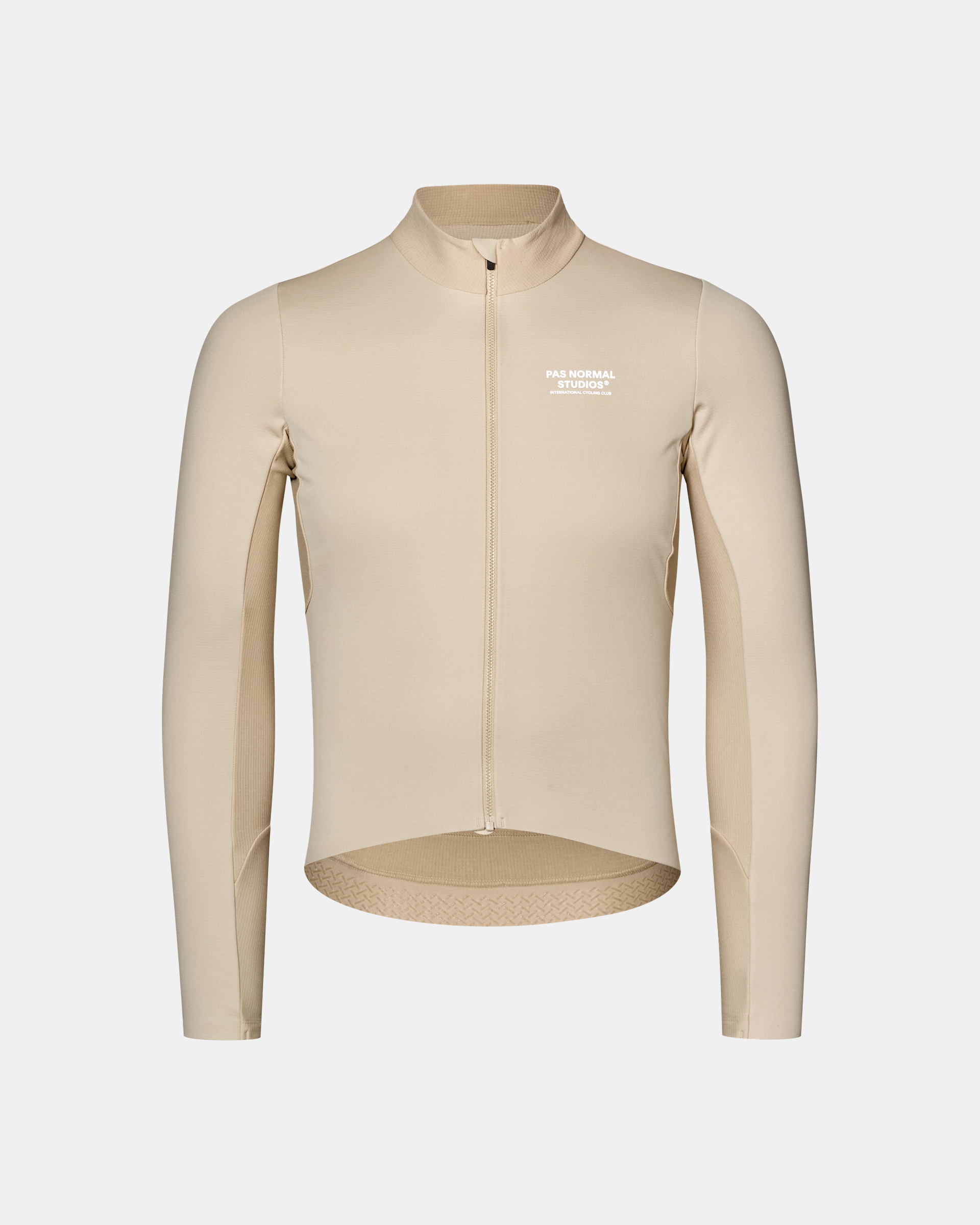 Linen Mechanism Thermal Long Sleeve cycling jersey, front flat lay with full zip and white chest print