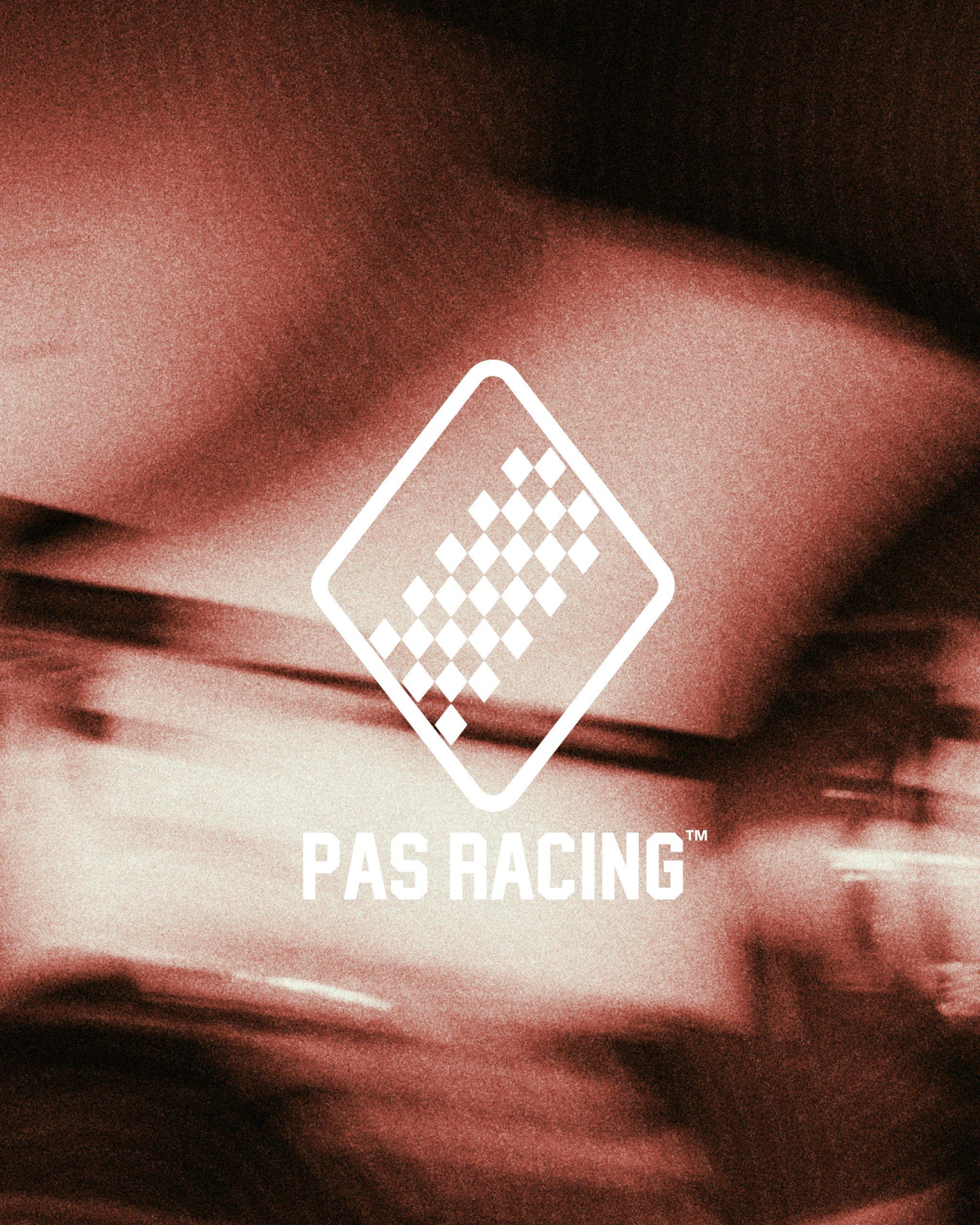 PAS Racing collection logo with checkered diamond pattern on red-tinted abstract background