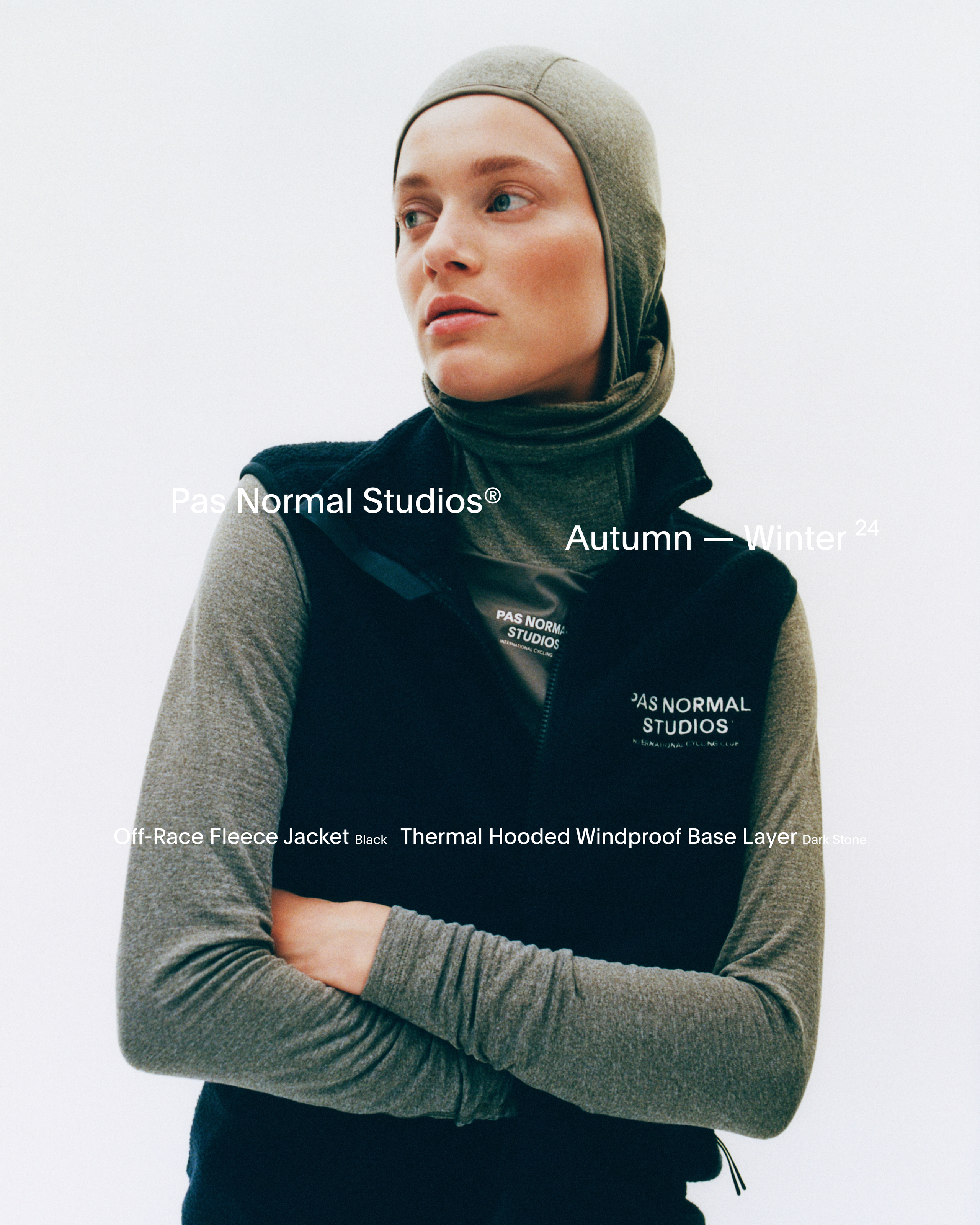 Model wearing black Off-Race Fleece Jacket and grey Thermal Hooded Windproof Base Layer with hood up