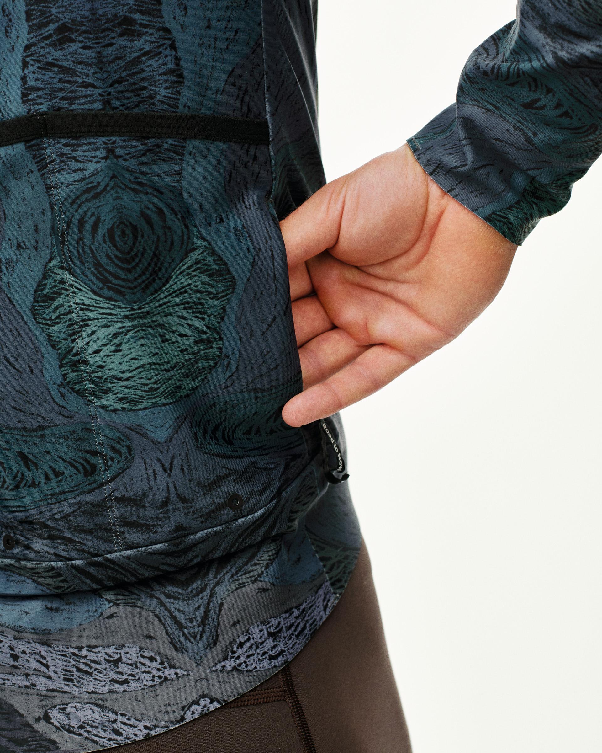Dark Multi T.K.O. Mechanism Thermal cycling jacket, rear detail on model showing back pocket and all-over print