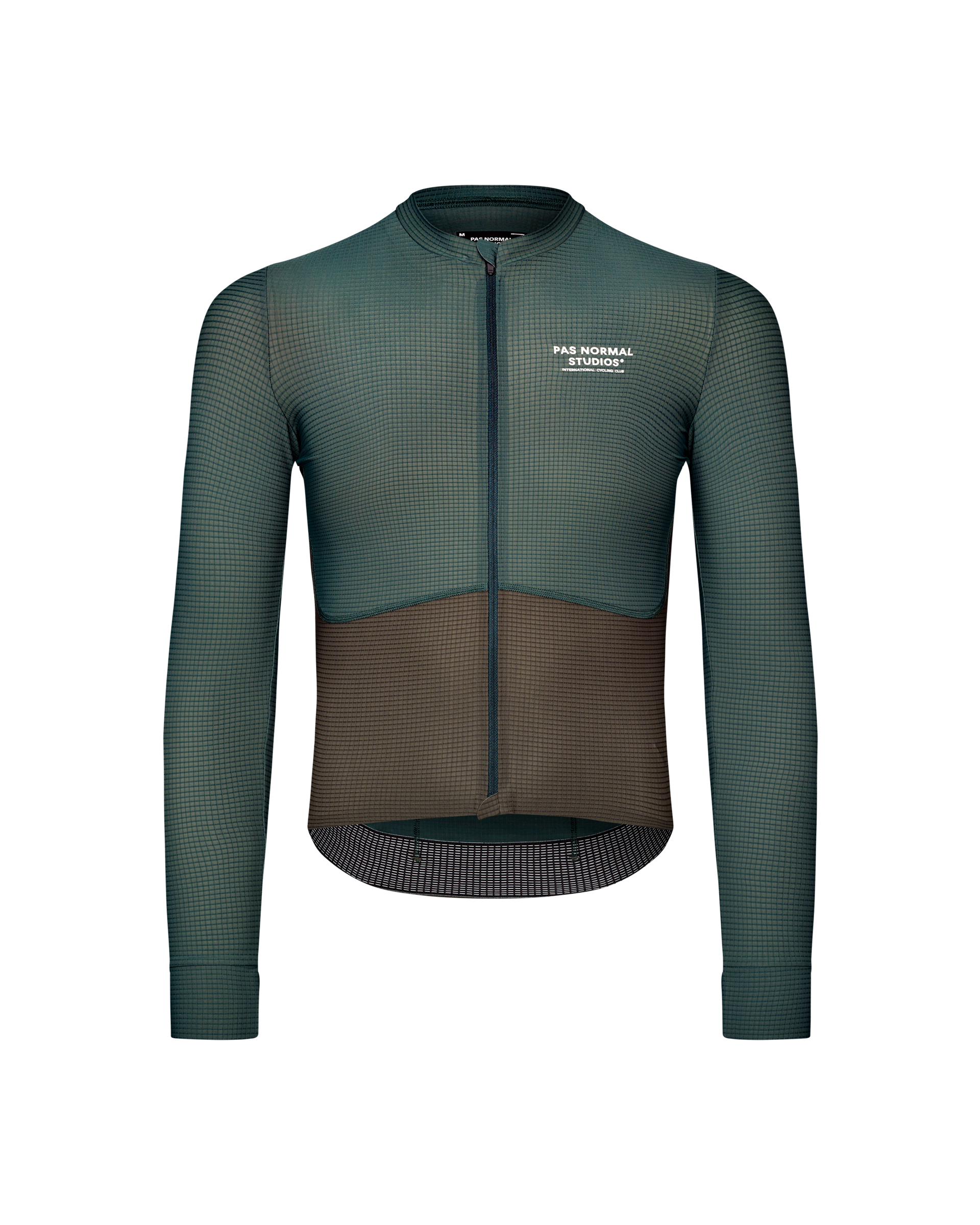 Green Mechanism Pro long sleeve cycling jersey, front view with brown lower panel and grid texture