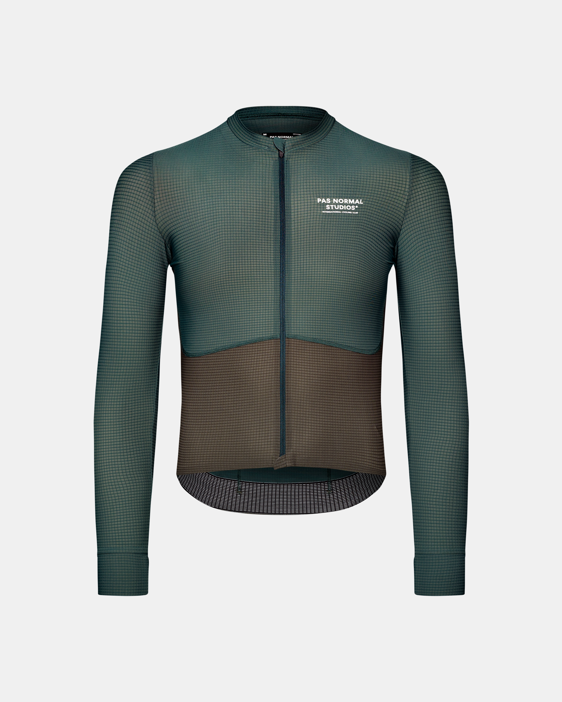 Green Mechanism Pro long sleeve cycling jersey, front view with brown lower panel and grid texture