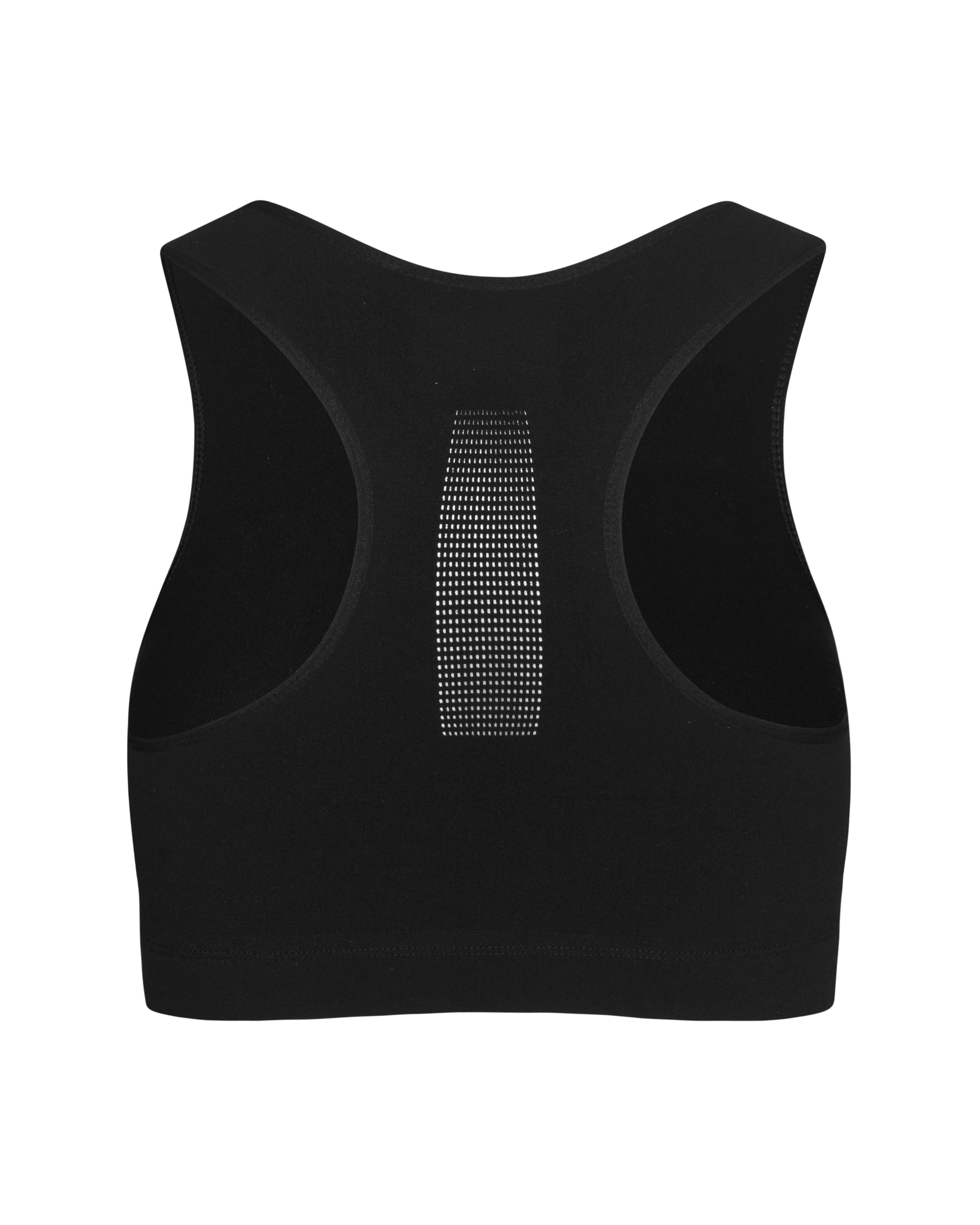 Black cycling bra, rear view with white perforated logo panel