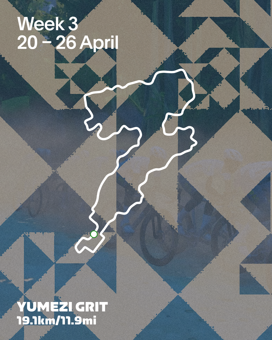Zwift PAS Racing Gravel Series Week 3 route map with geometric blue and grey pattern background