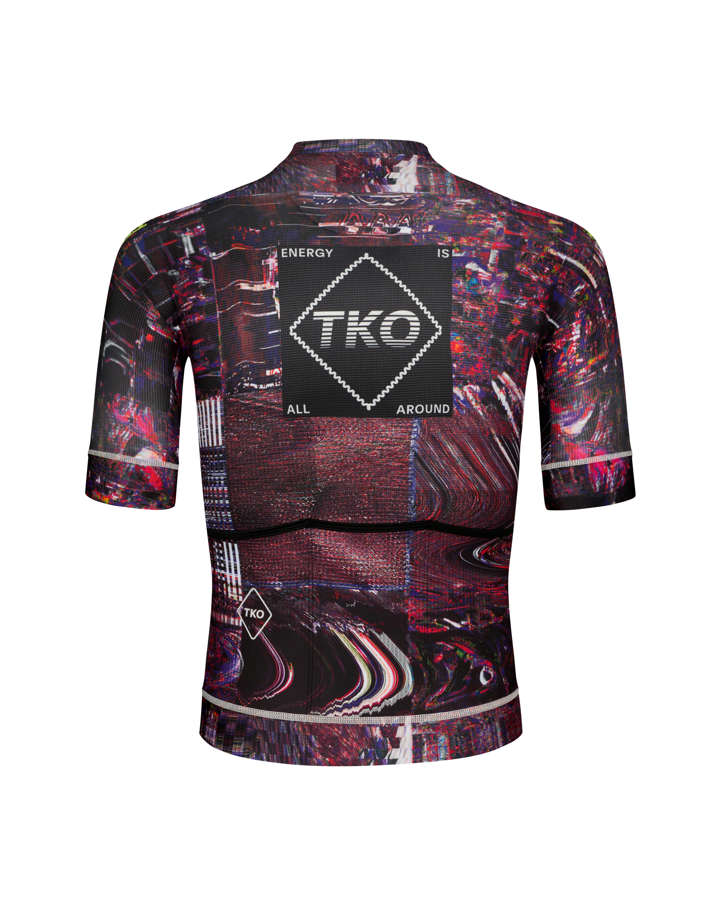 Human Error Pink T.K.O. Mechanism cycling jersey, rear flat lay with glitch-art allover print and TKO back panel graphic