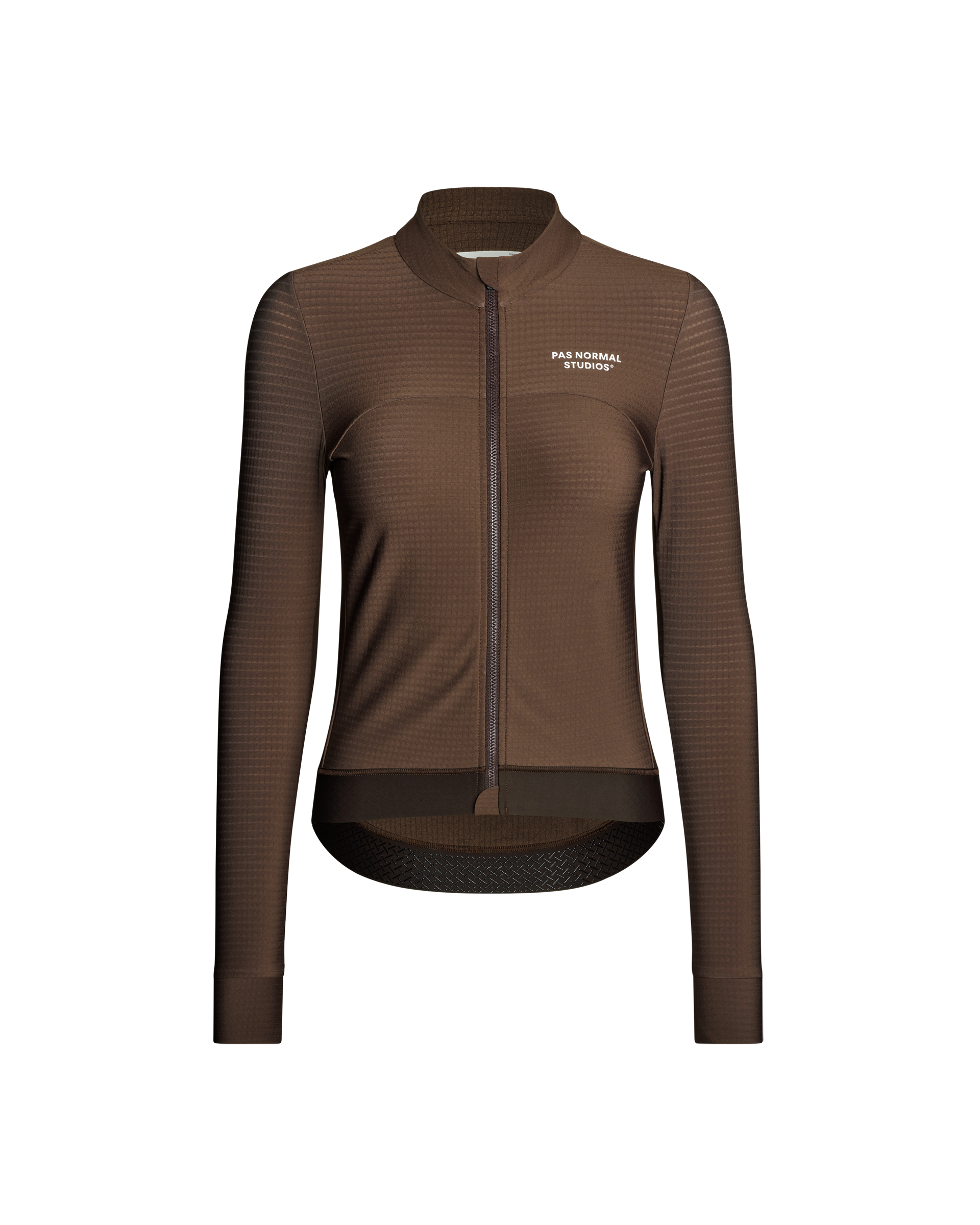 Light Brown Essential long sleeve cycling jersey, front flat lay with full zip and textured grid fabric
