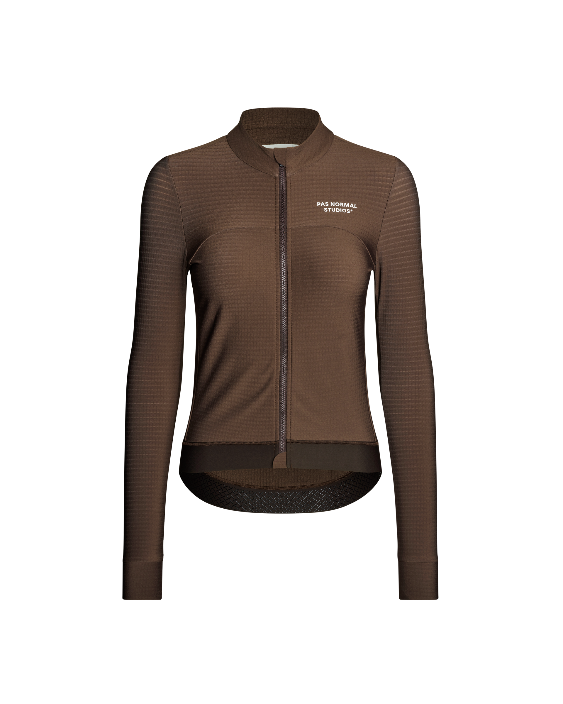 Light Brown Essential long sleeve cycling jersey, front flat lay with full zip and textured grid fabric