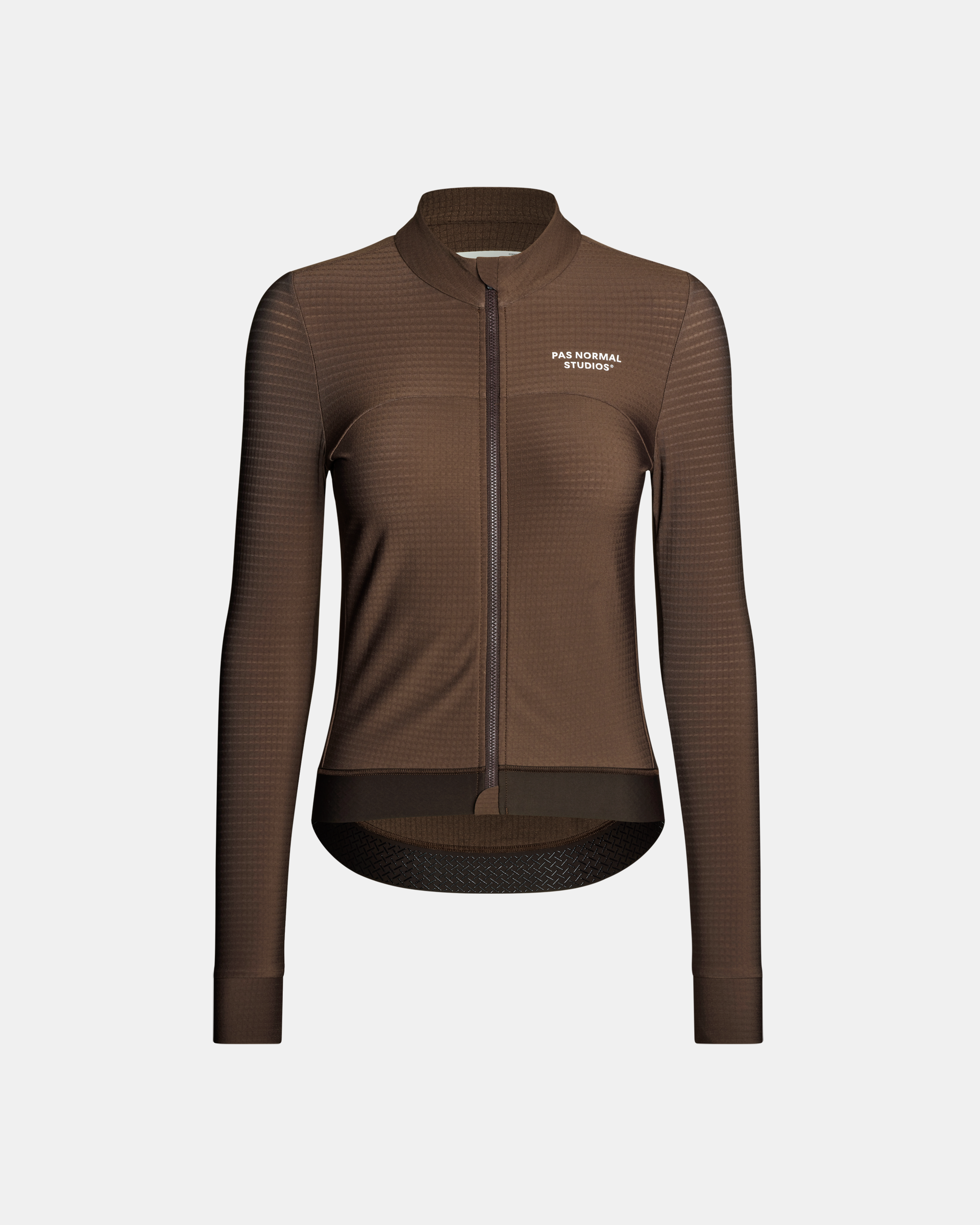Light Brown Essential long sleeve cycling jersey, front flat lay with full zip and textured grid fabric