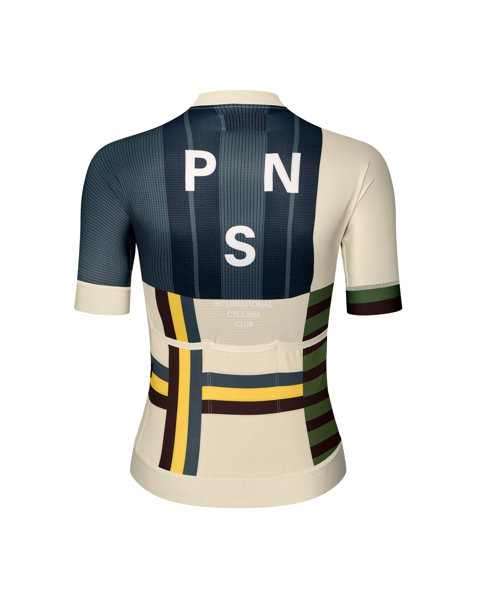 International Sand Mechanism women's cycling jersey, rear view with multicolour block stripe print and white back lettering