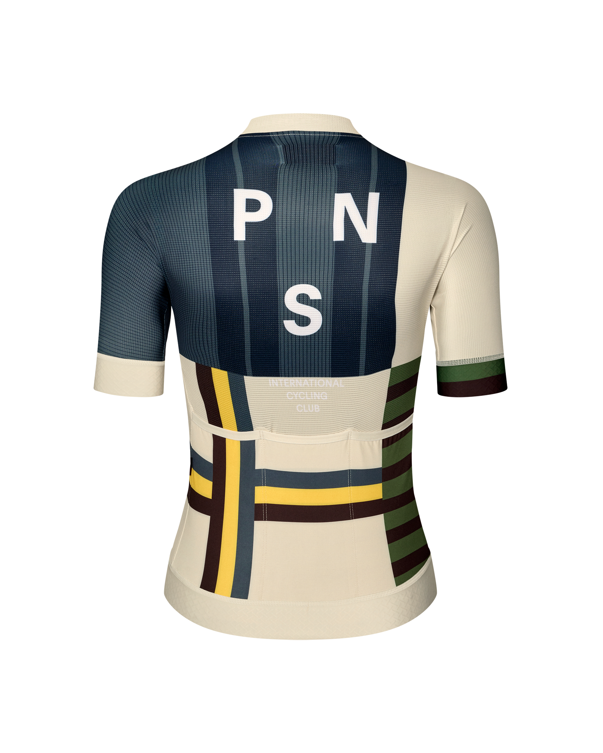 International Sand Mechanism women's cycling jersey, rear view with multicolour block stripe print and white back lettering