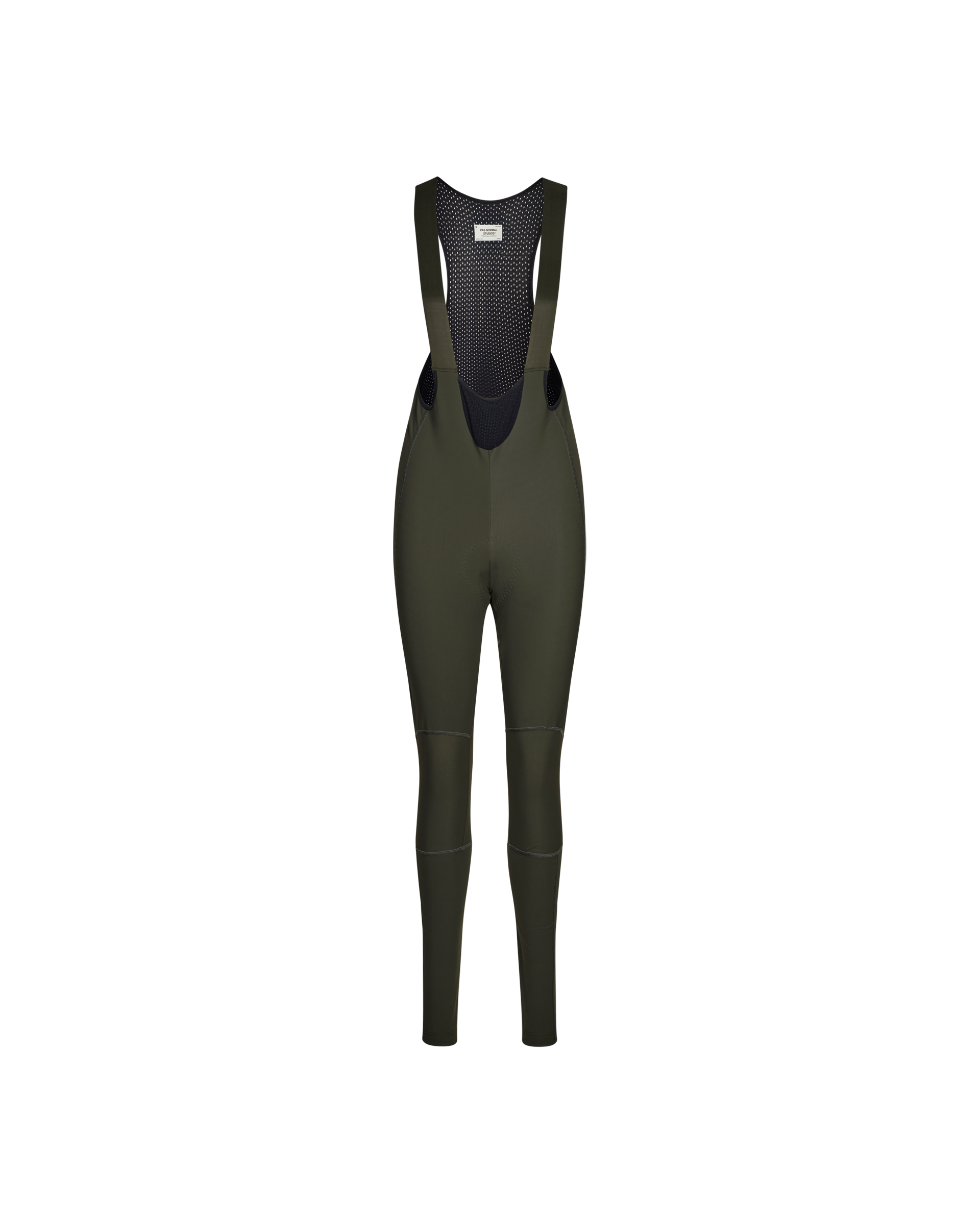 Dark Olive Mechanism Deep Winter Long cycling bibs, front flat lay with mesh bib panel