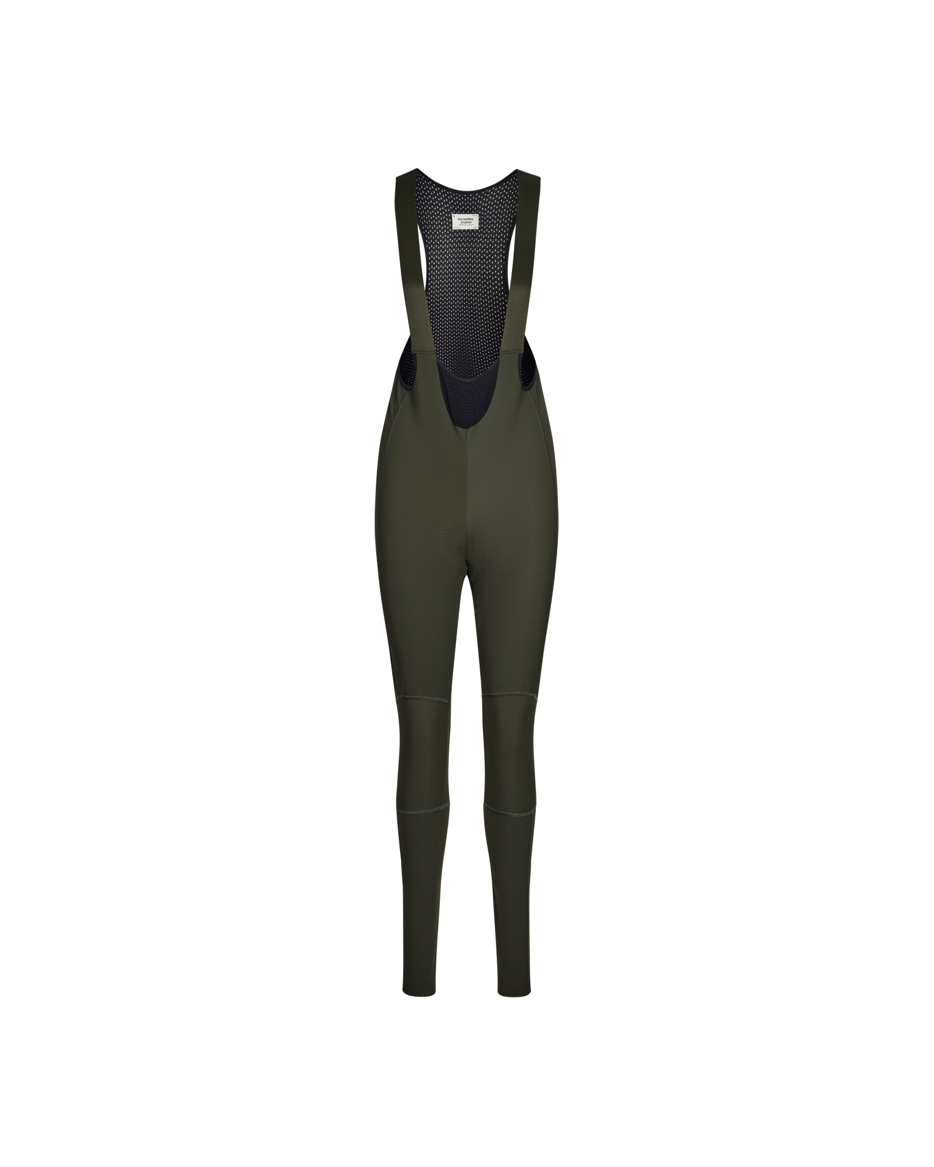 Dark Olive Mechanism Deep Winter Long cycling bibs, front flat lay with mesh bib panel