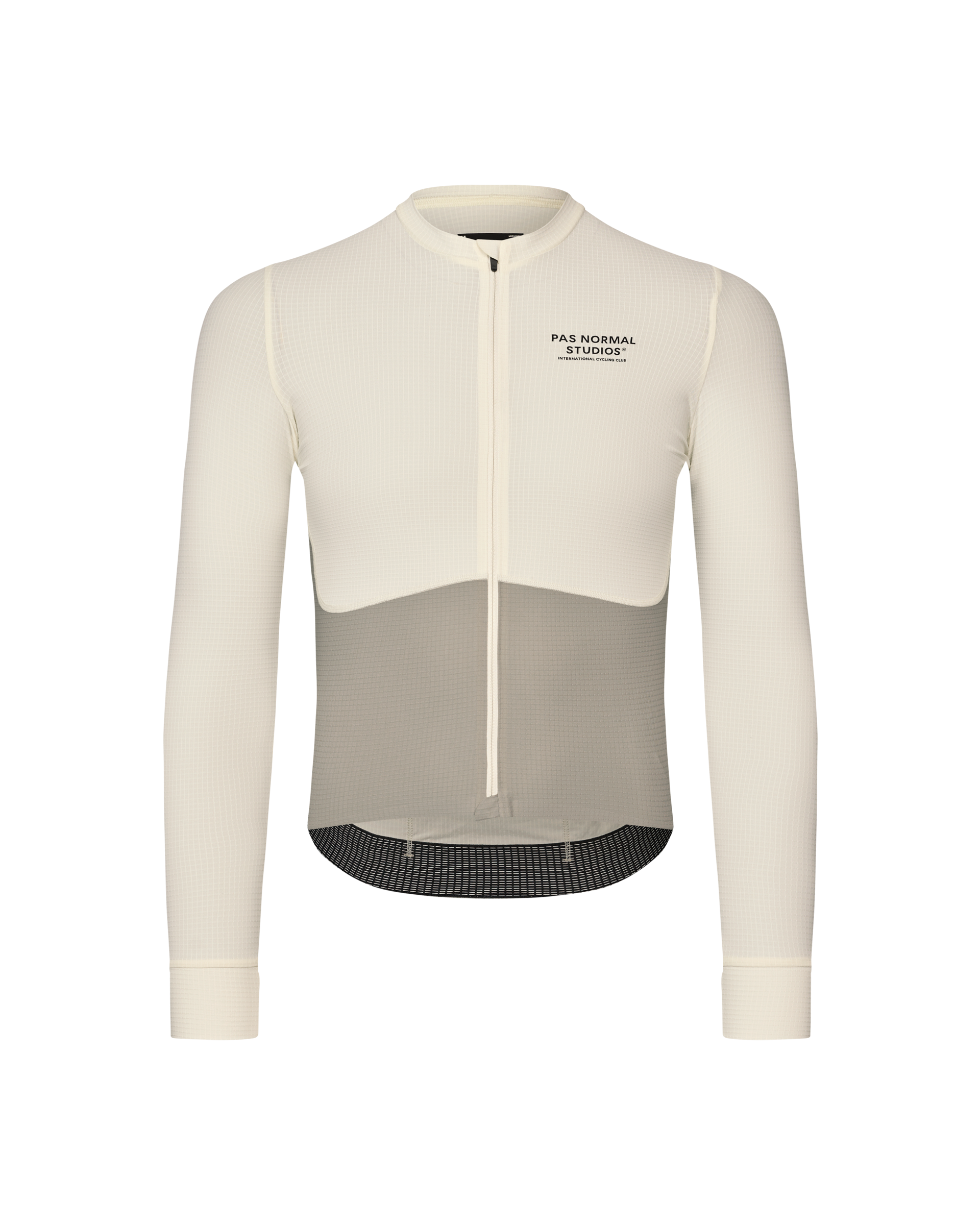 Off White Mechanism Pro long sleeve cycling jersey, front view with contrast chest panel