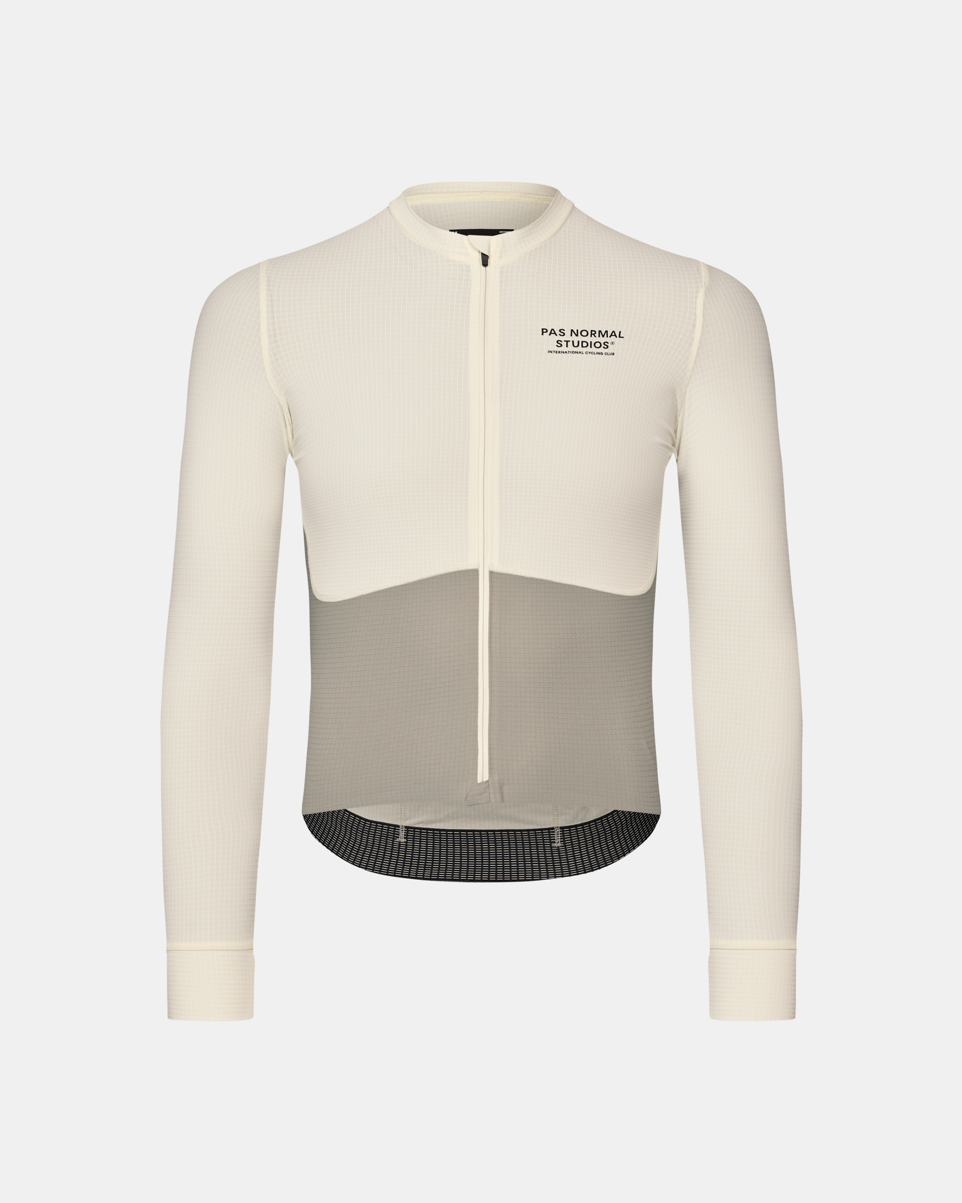 Off White Mechanism Pro long sleeve cycling jersey, front view with contrast chest panel