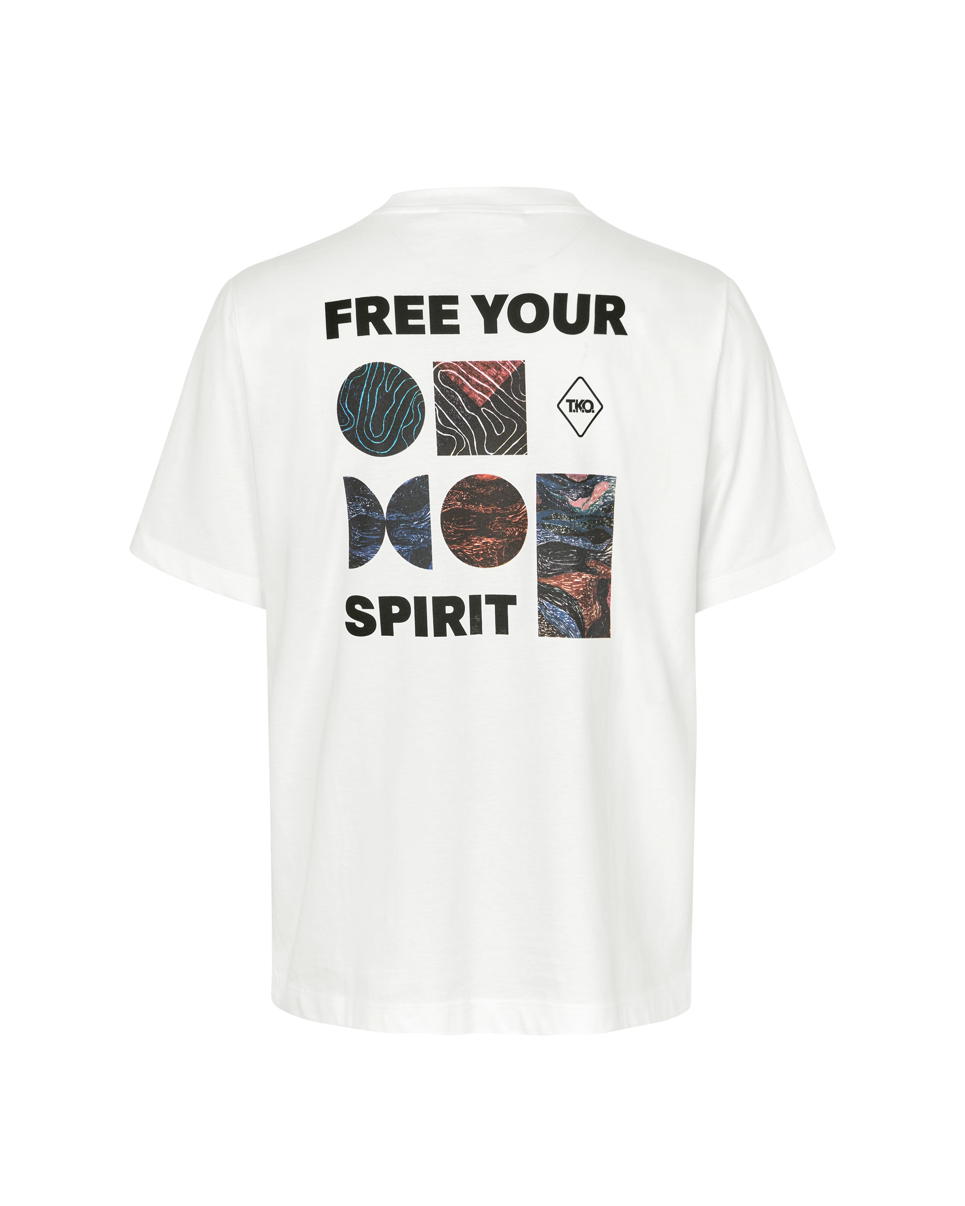 White T.K.O. Off-Race graphic T-shirt, rear flat lay with multicolour abstract print and bold text