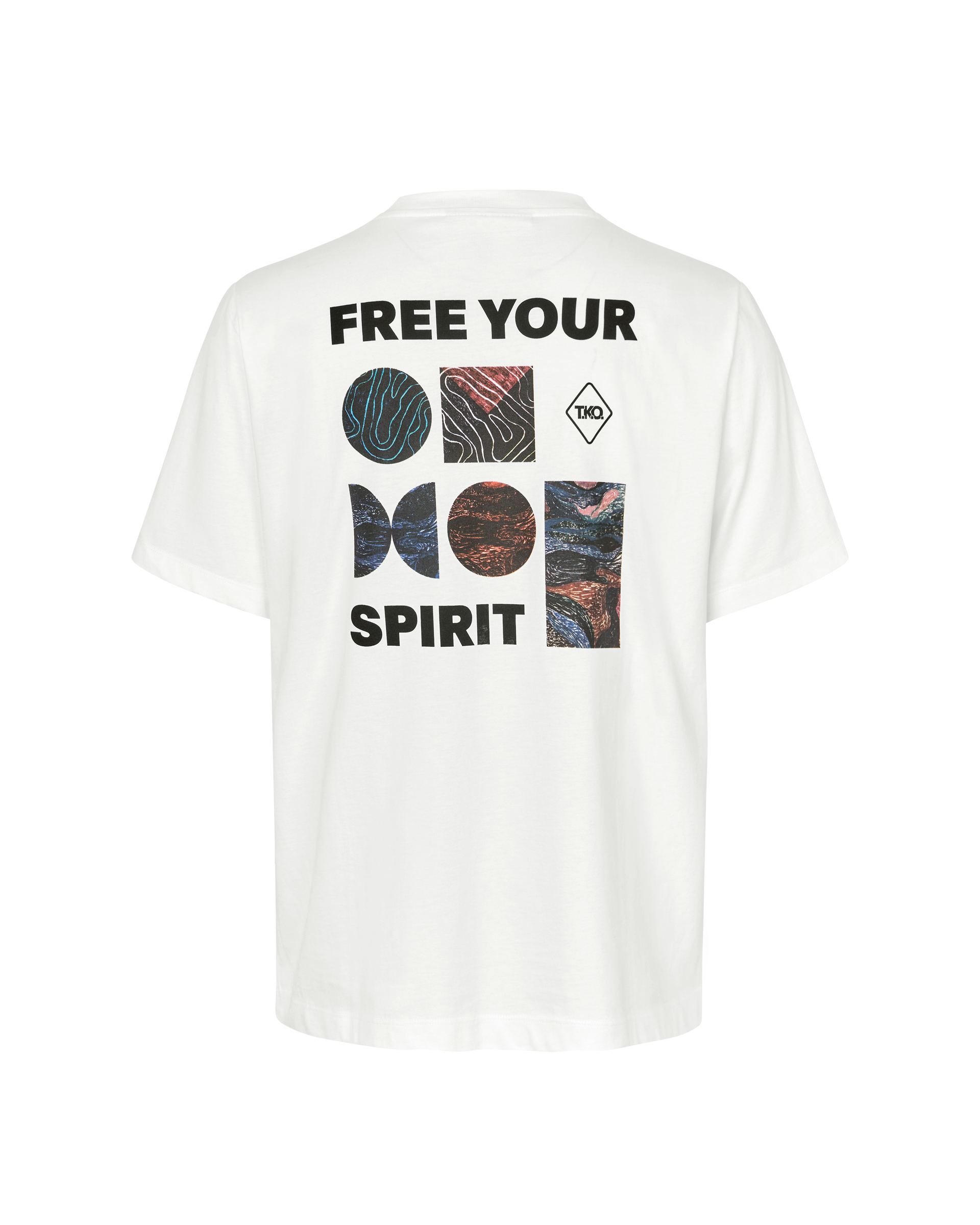 White T.K.O. Off-Race graphic T-shirt, rear flat lay with multicolour abstract print and bold text