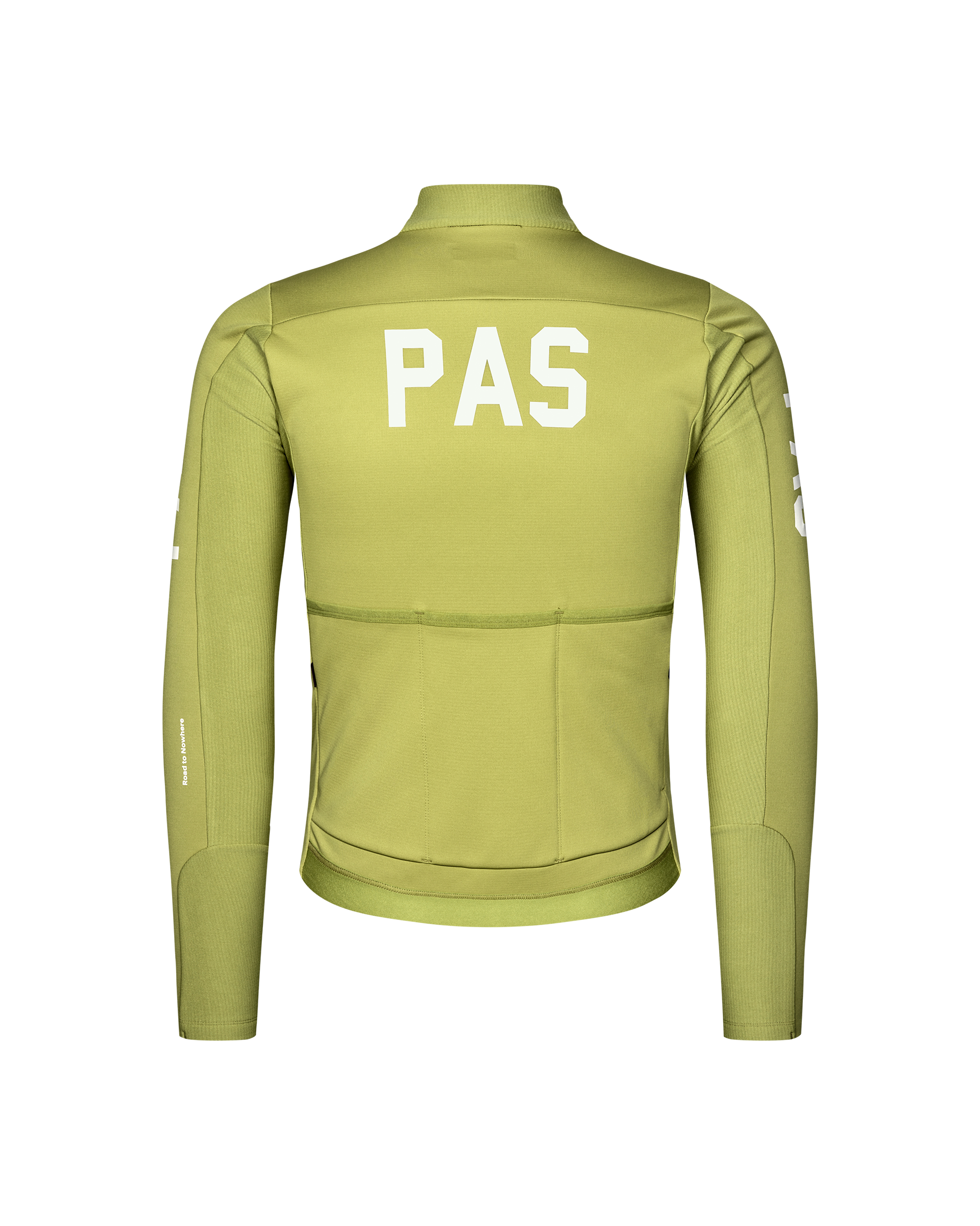 Dark Lime PAS Mechanism Thermal long sleeve cycling jersey, rear flat lay with white back print
