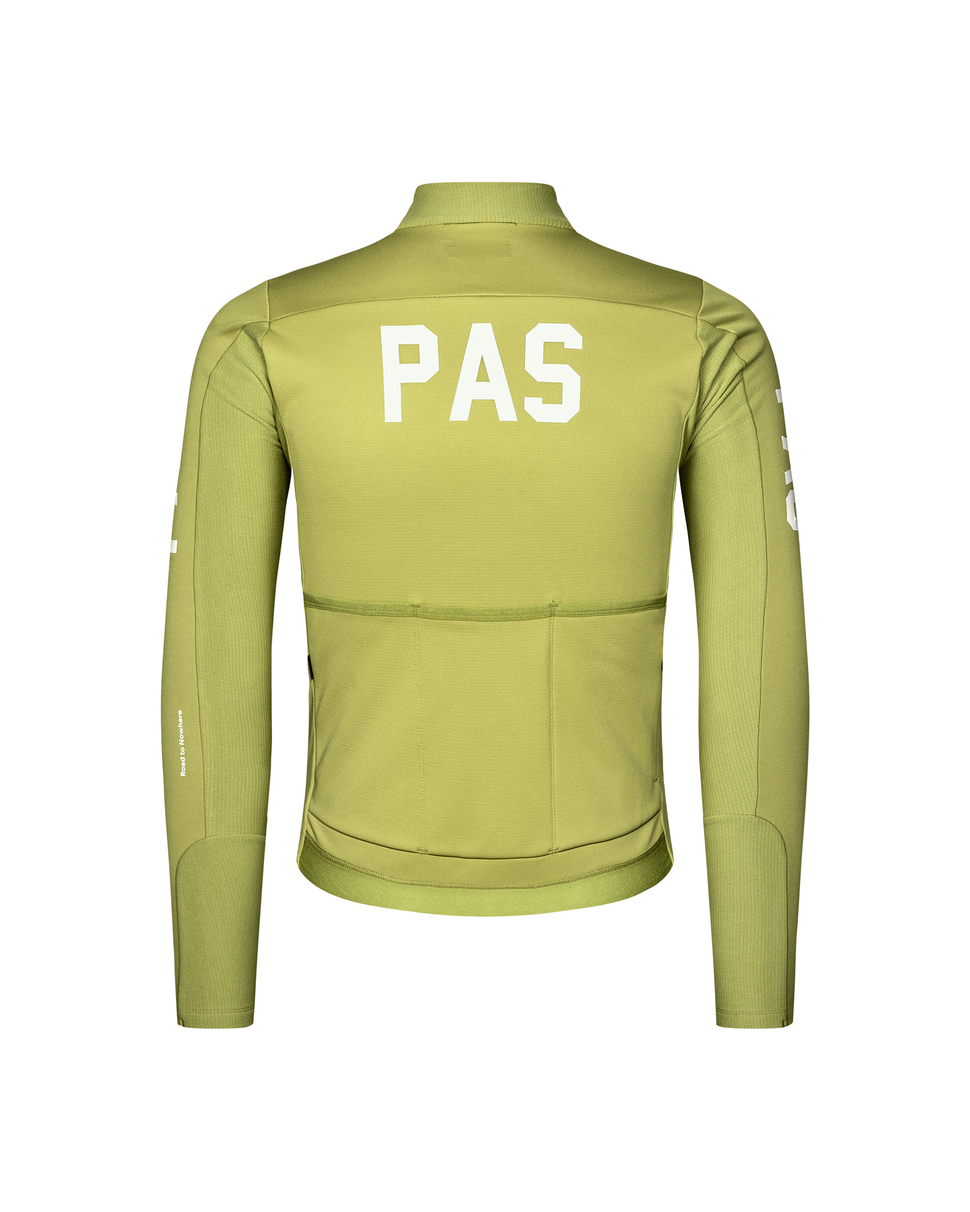 Dark Lime PAS Mechanism Thermal long sleeve cycling jersey, rear flat lay with white back print