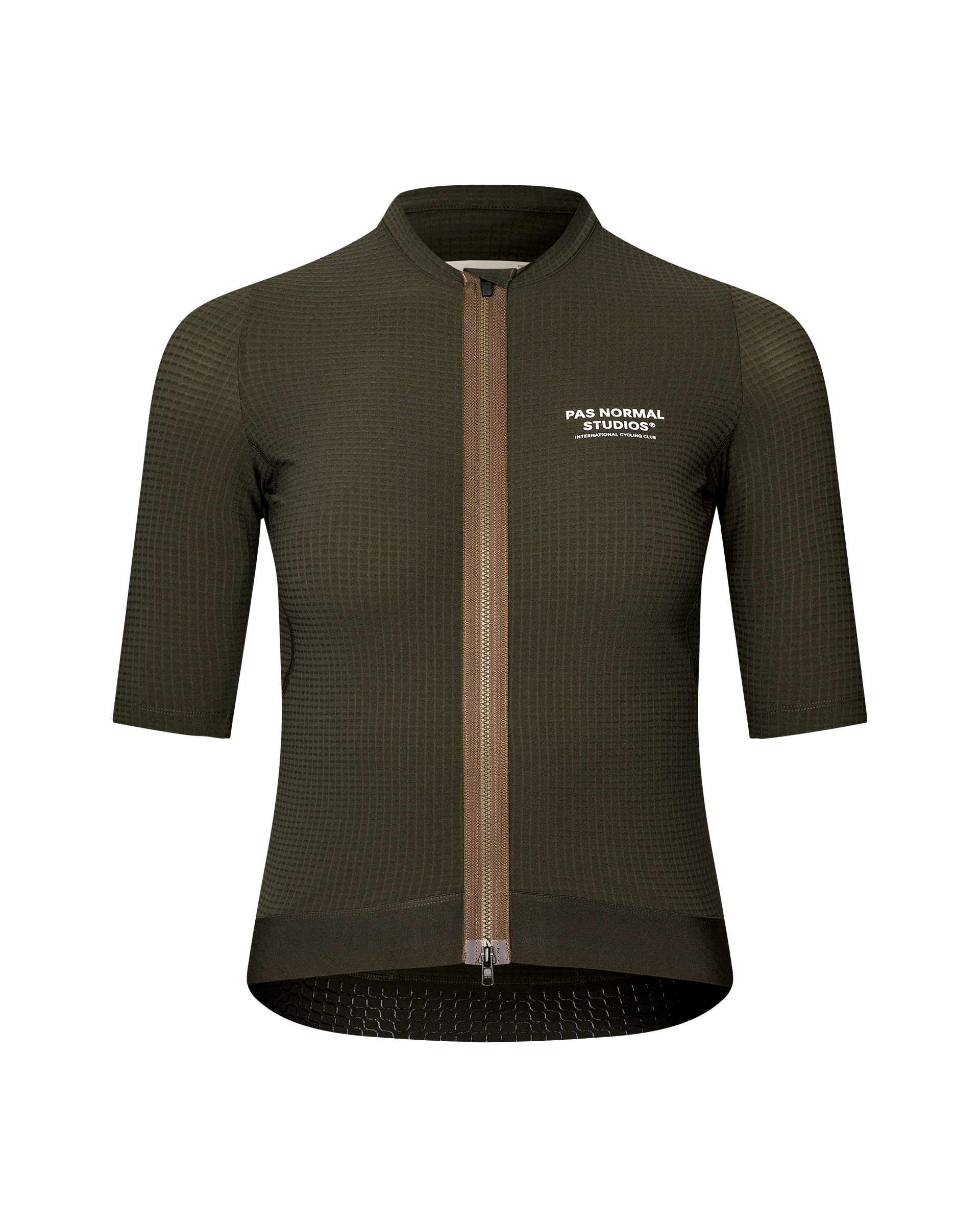 Dark Olive Escapism cycling jersey, front flat lay with contrast zip and grid texture fabric