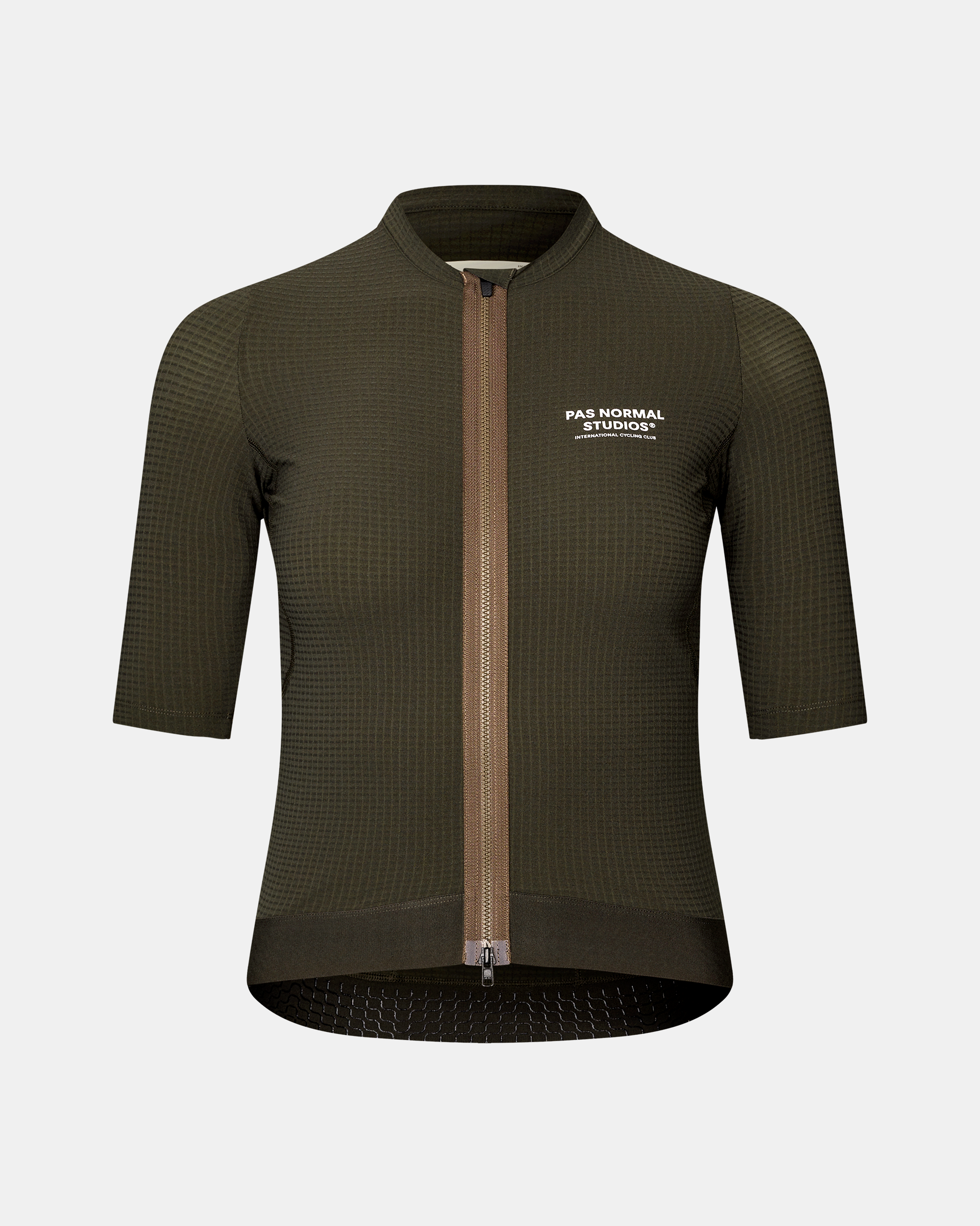 Dark Olive Escapism cycling jersey, front flat lay with contrast zip and grid texture fabric
