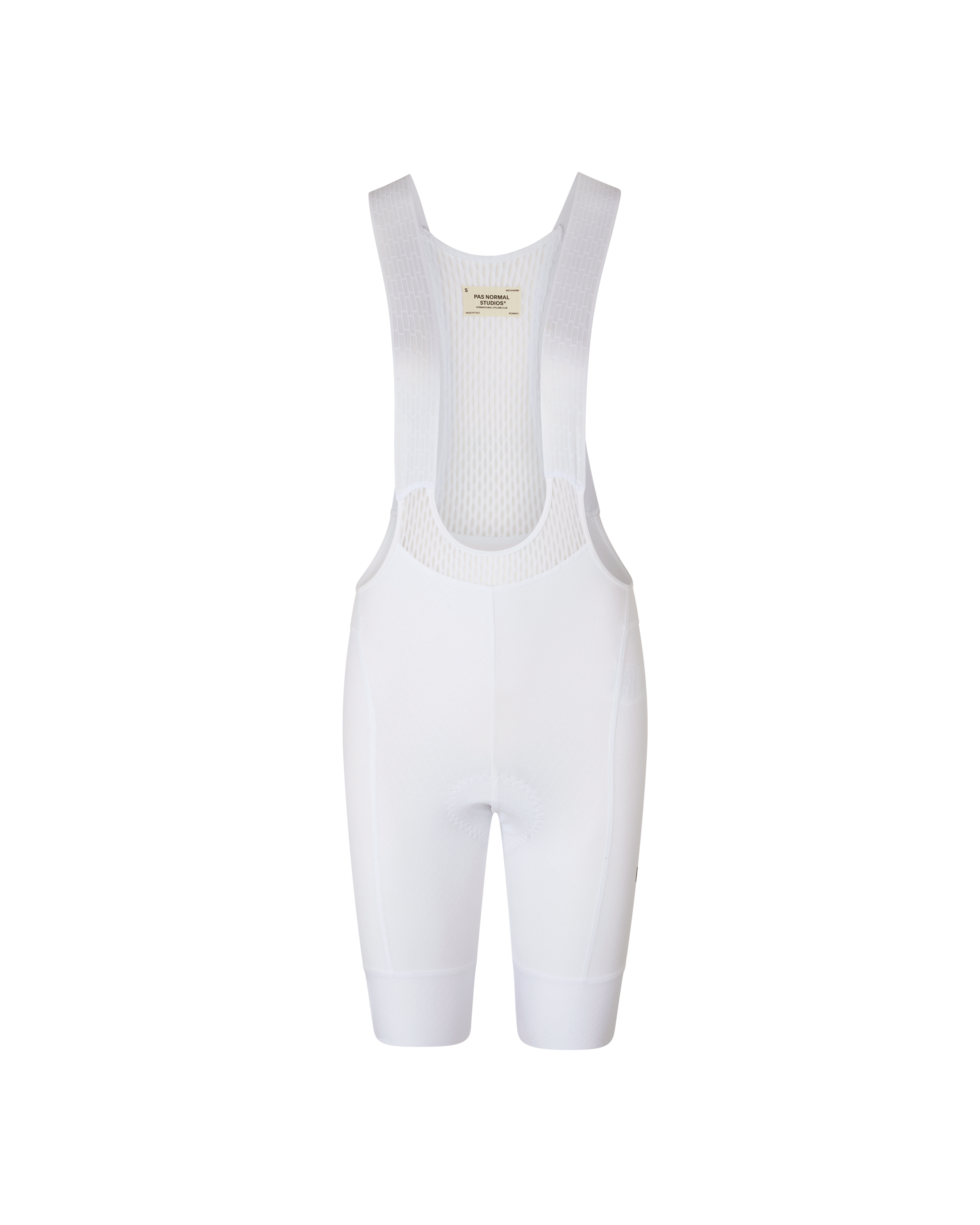 White Mechanism cycling bibs, front flat lay with mesh bib straps
