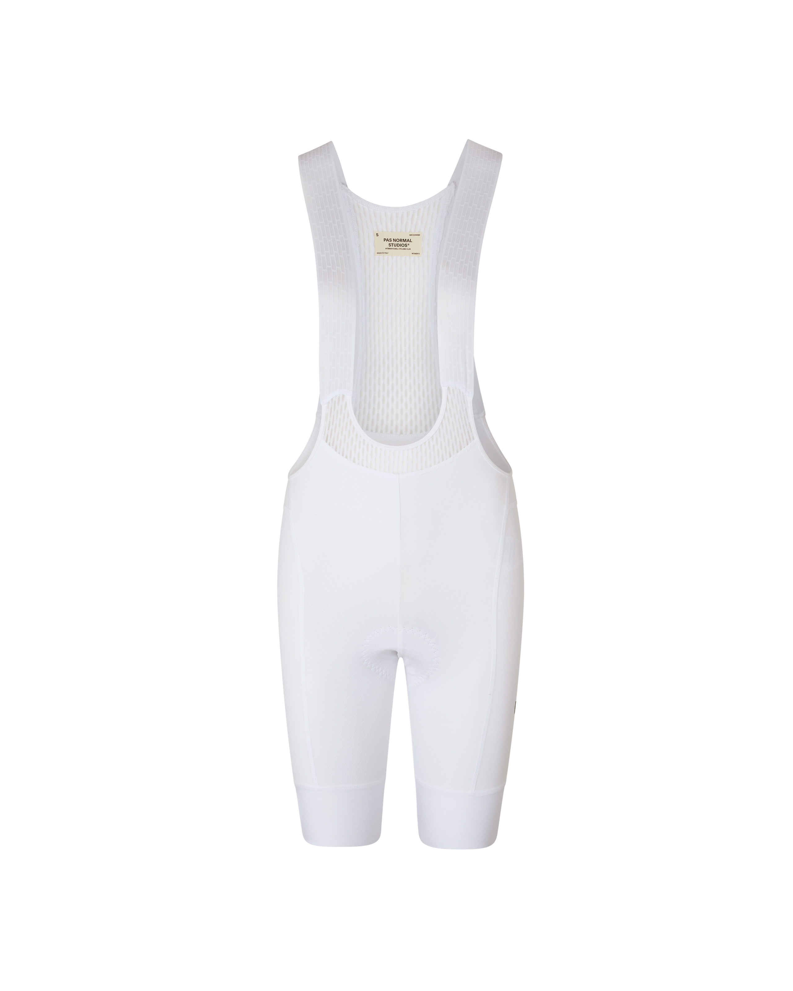 White Mechanism cycling bibs, front flat lay with mesh bib straps