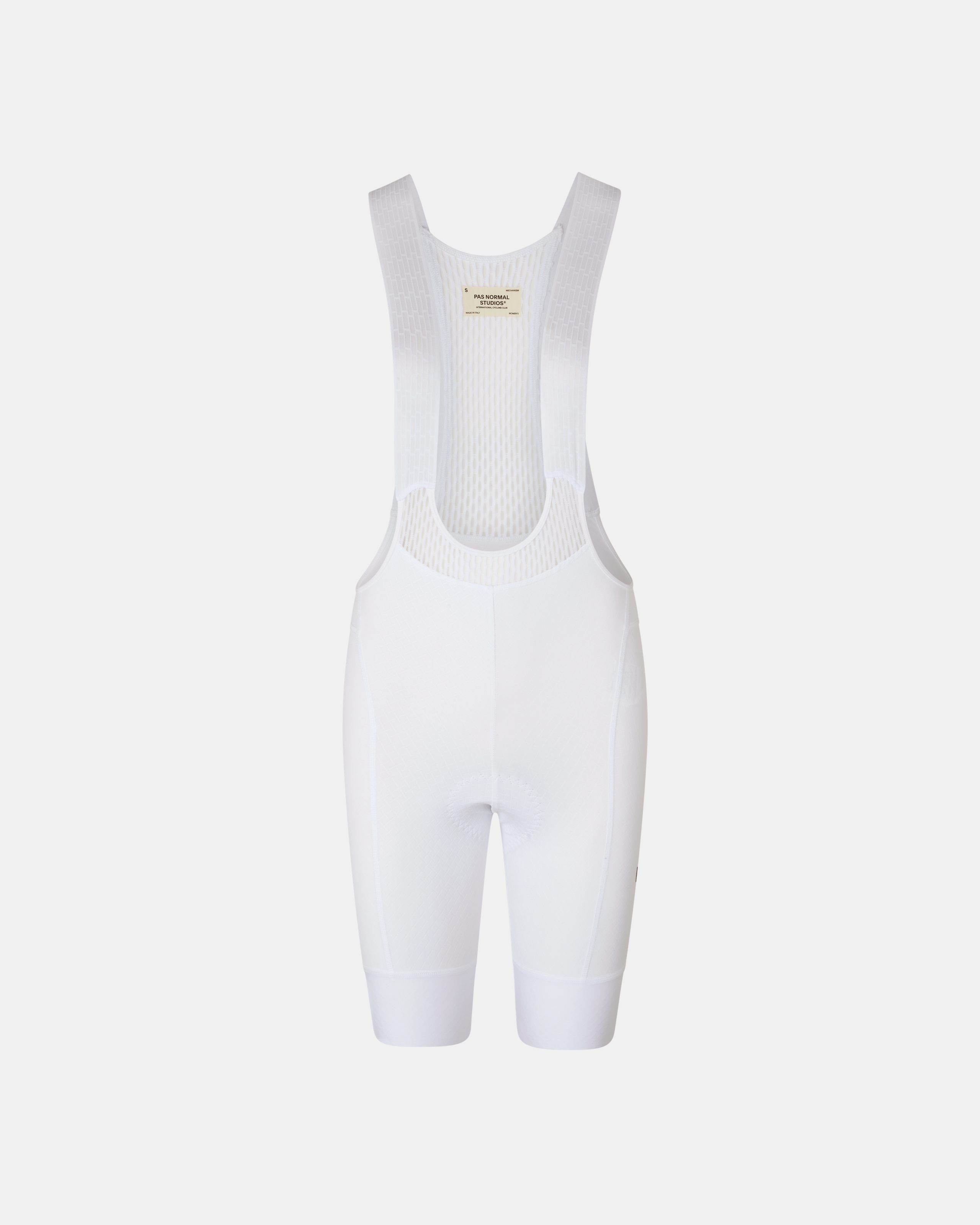 White Mechanism cycling bibs, front flat lay with mesh bib straps