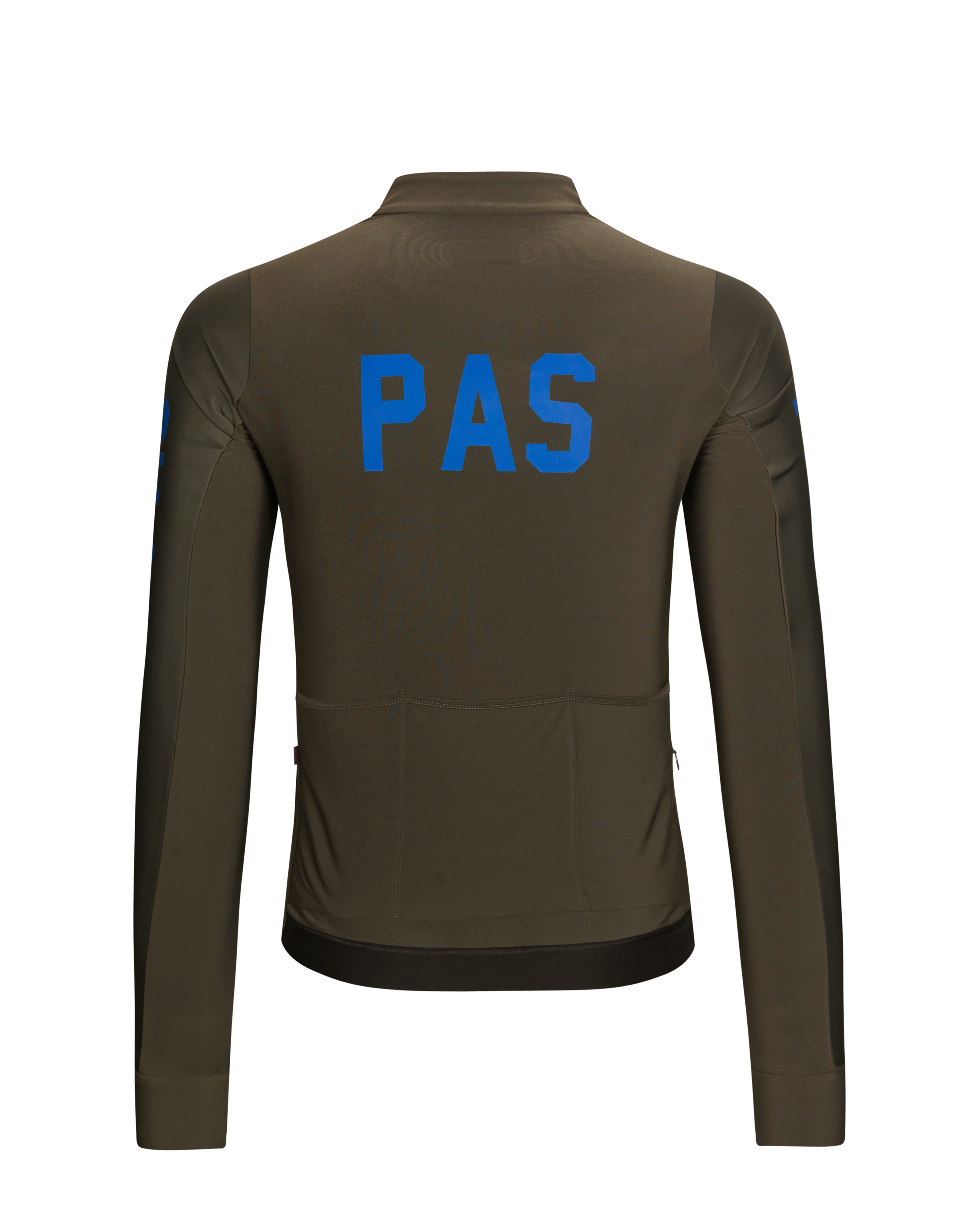 Dark Olive PAS Mechanism Thermal long sleeve cycling jersey, rear view with blue back print