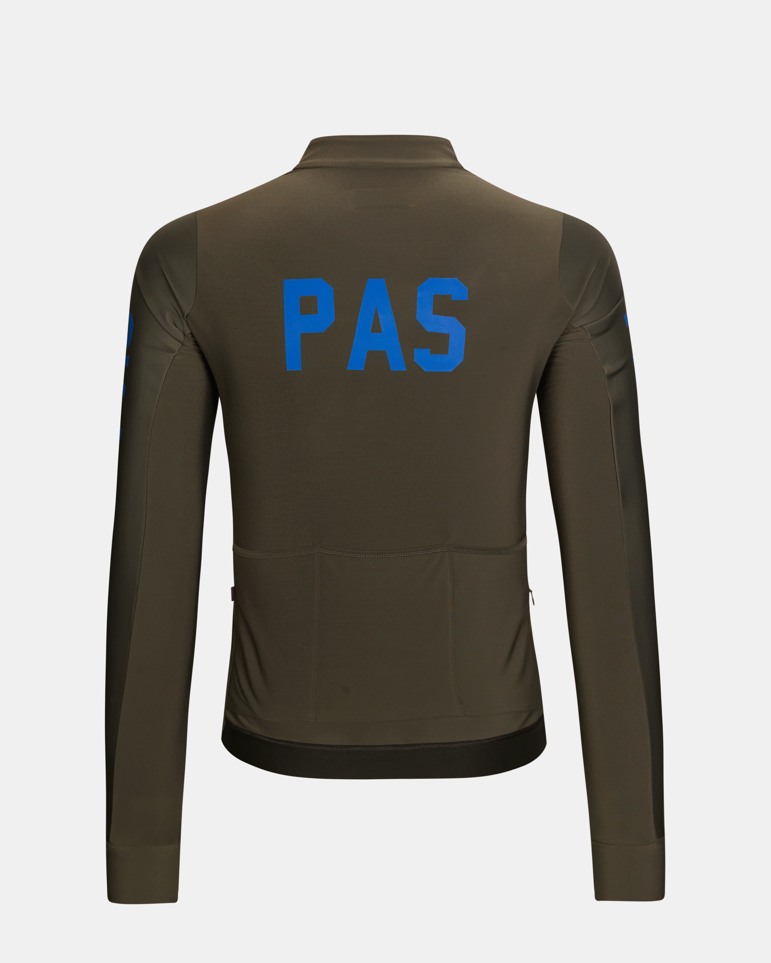Dark Olive PAS Mechanism Thermal long sleeve cycling jersey, rear view with blue back print