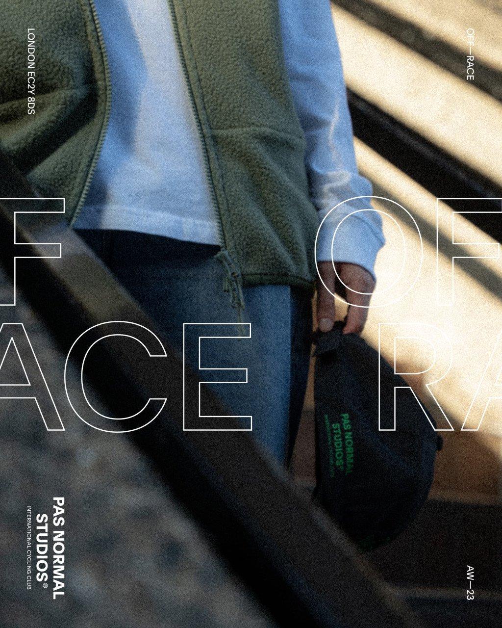 Off-Race collection featuring olive zip jacket and blue jersey with navy shorts