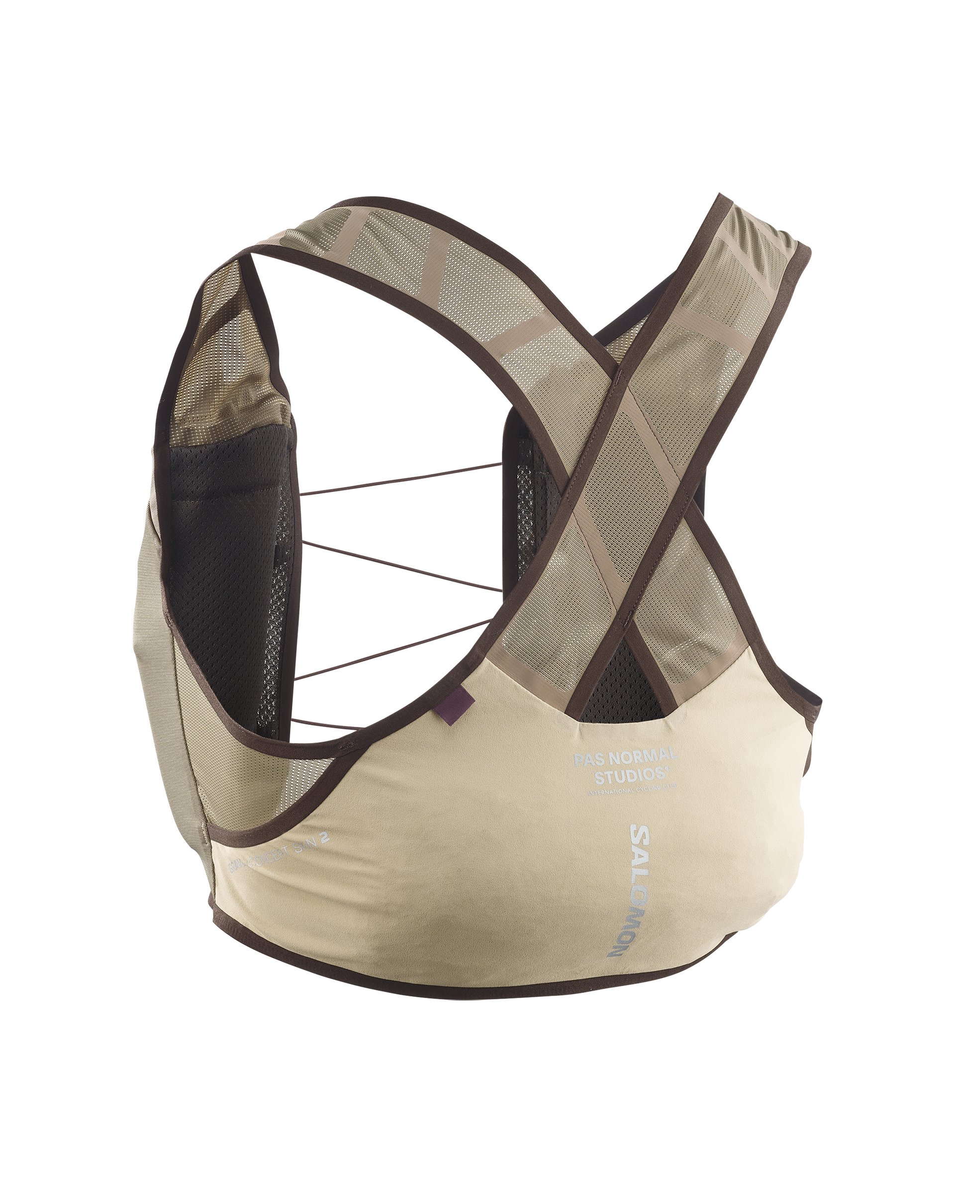 Light Brown Salomon Gravel Concept Skin 2 running vest, three-quarter rear view with crossed straps and dark contrast trim