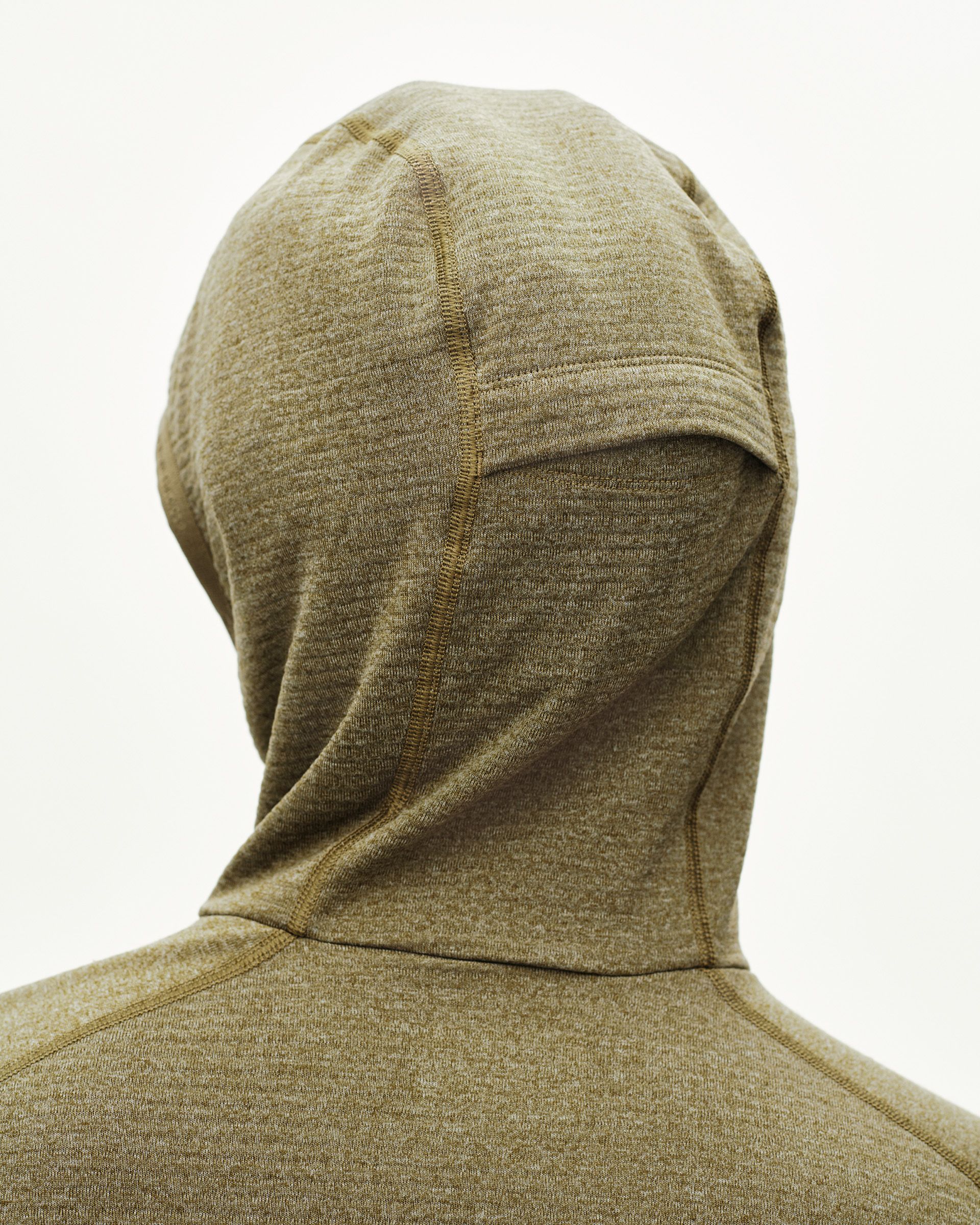 Moss Brown Balance Thermal hoodie on model, rear detail view of hood with contrast seam stitching