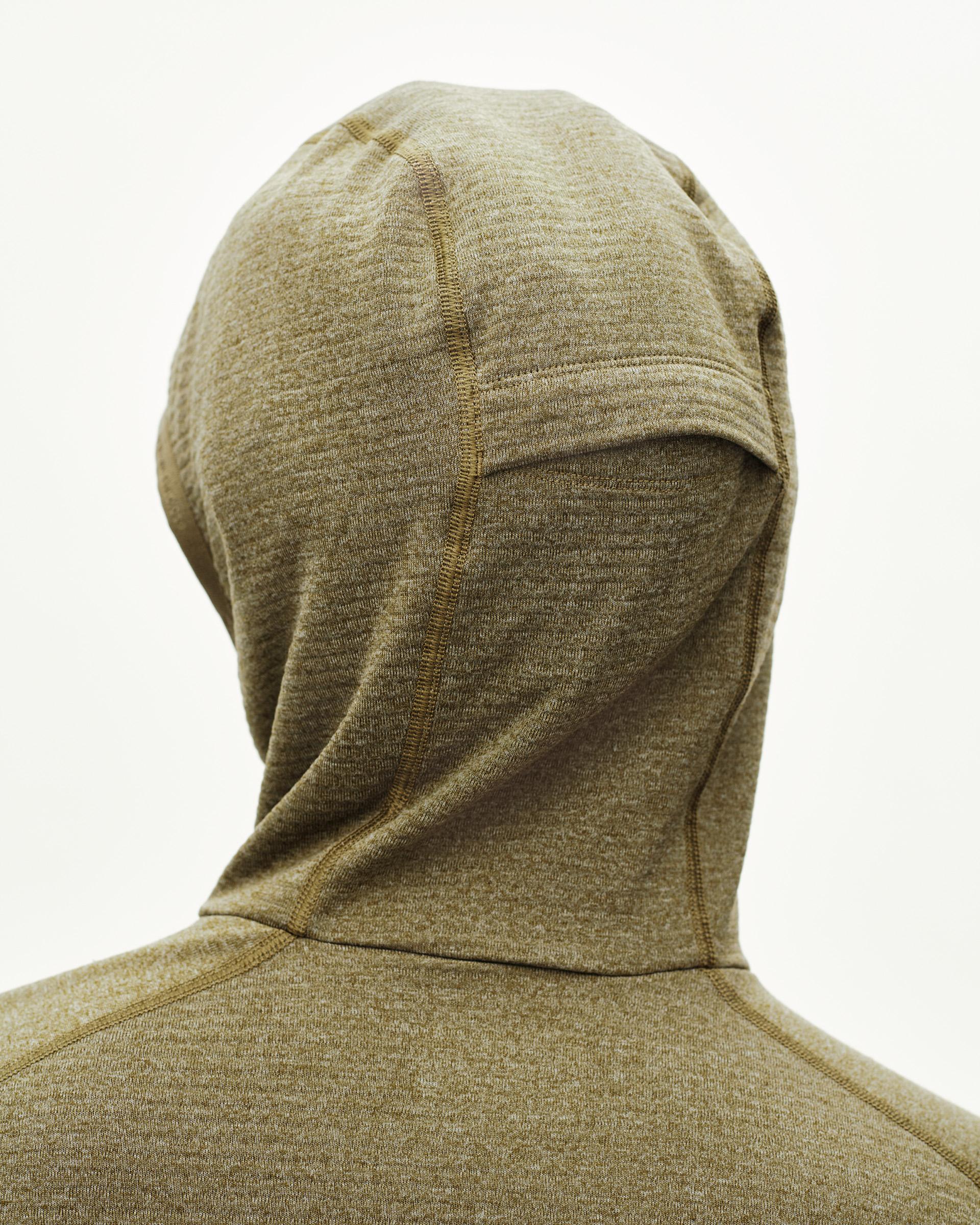 Moss Brown Balance Thermal hoodie on model, rear detail view of hood with contrast seam stitching