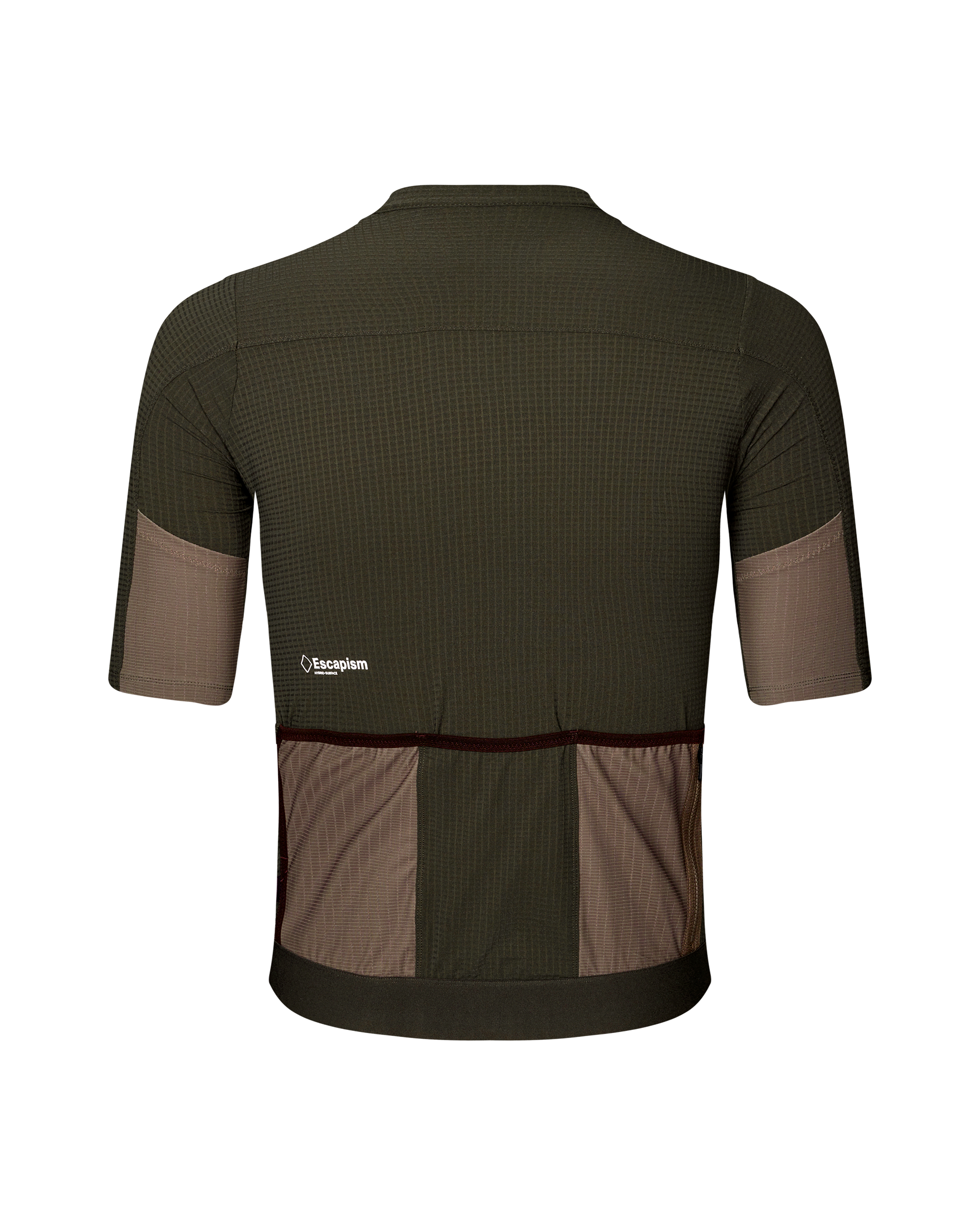 Dark Olive Escapism cycling jersey, rear flat lay with taupe contrast panels and back pockets