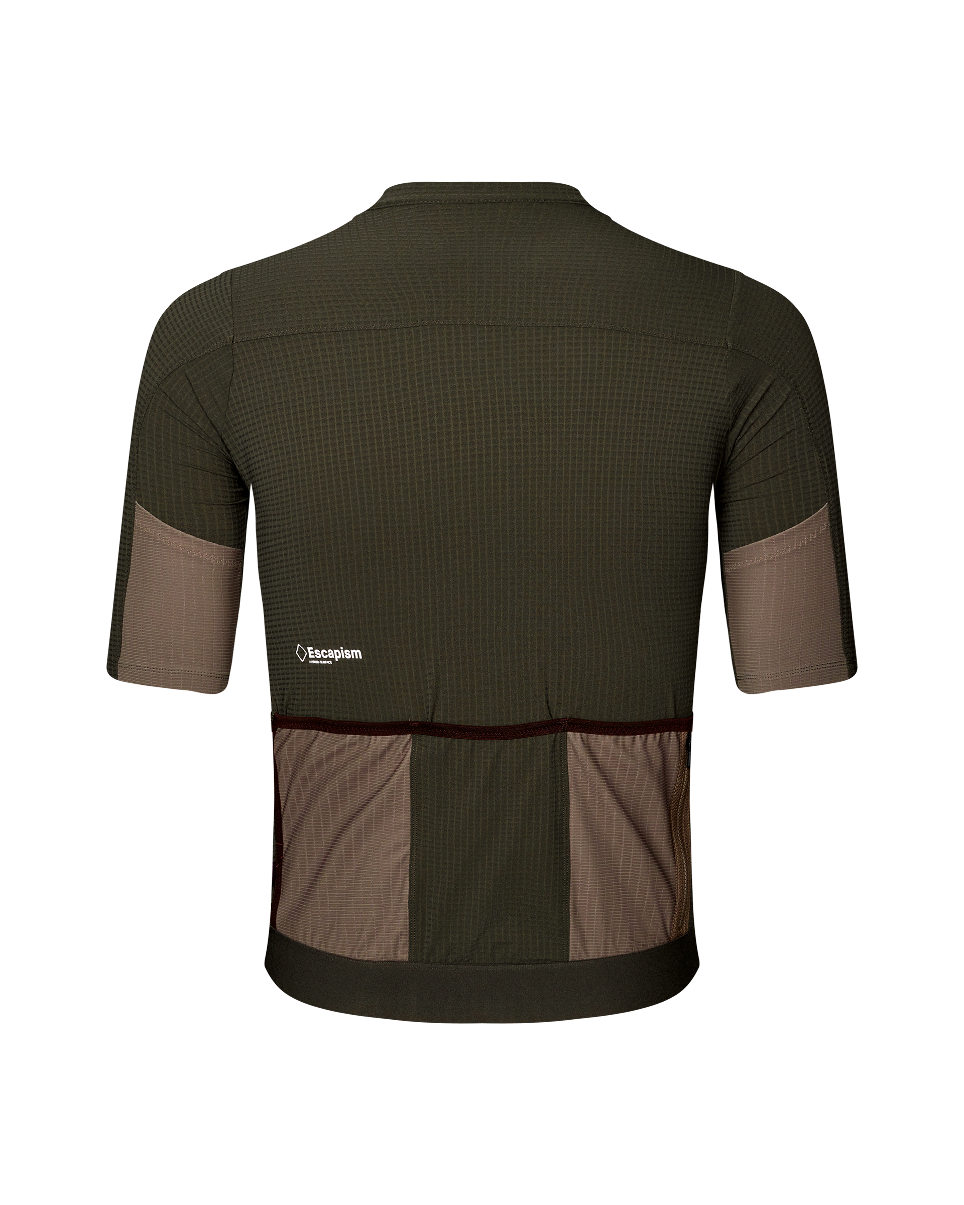 Dark Olive Escapism cycling jersey, rear flat lay with taupe contrast panels and back pockets