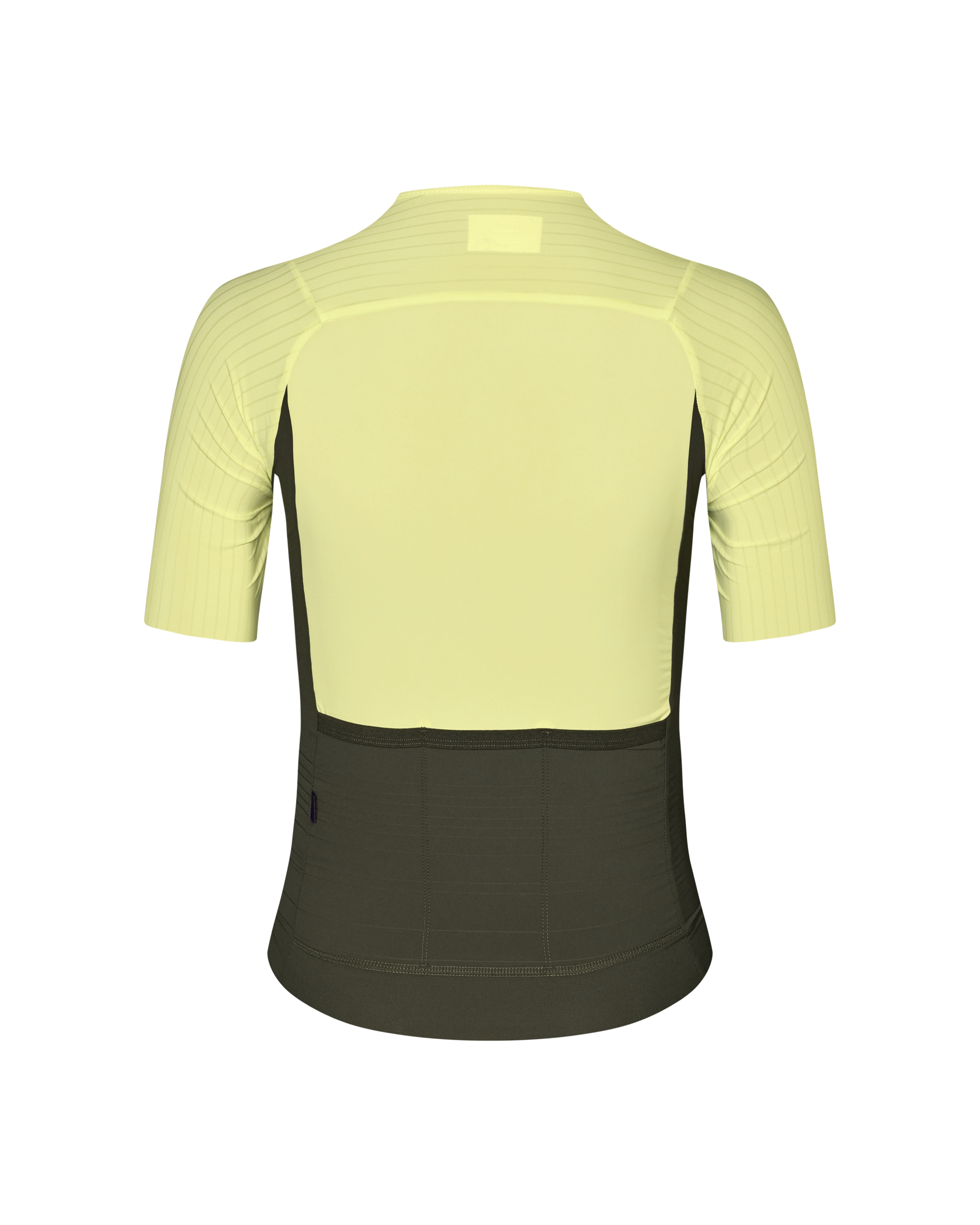 Yellow Mechanism Pro cycling jersey, rear view with dark olive side panels and back pockets