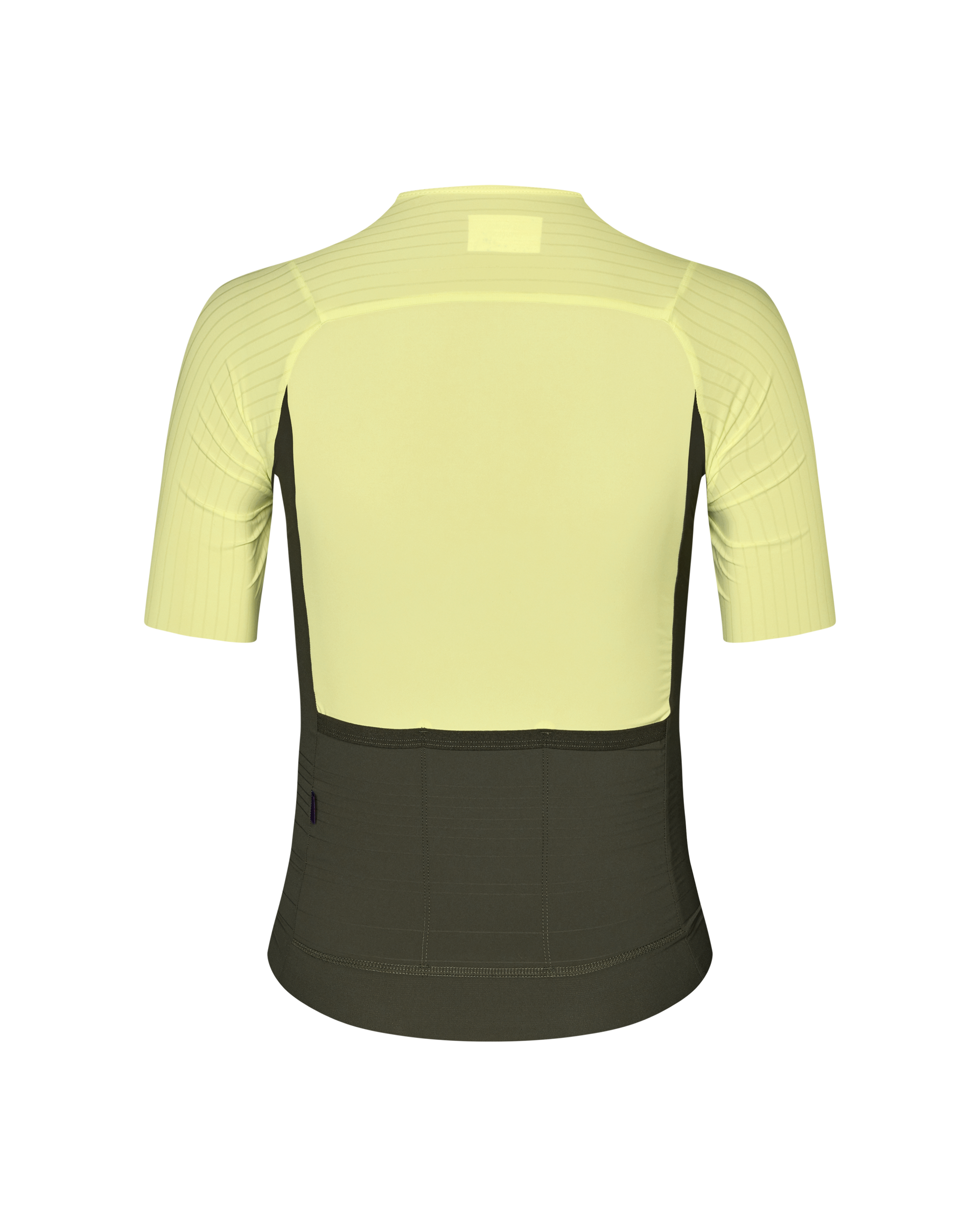 Yellow Mechanism Pro cycling jersey, rear view with dark olive side panels and back pockets
