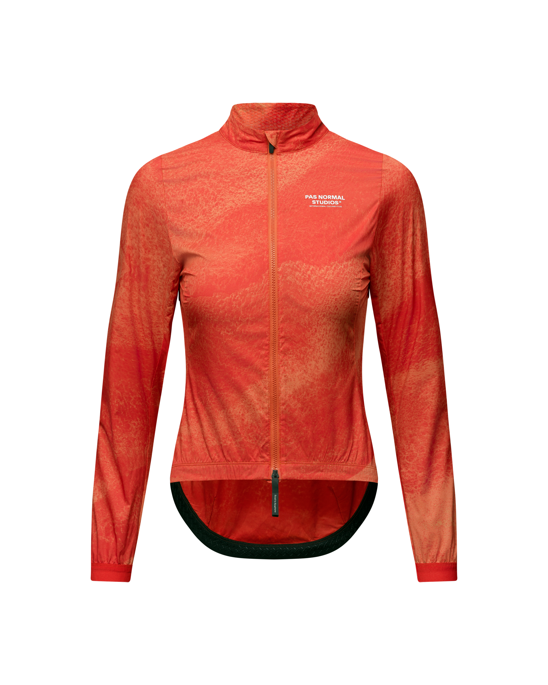 Orange Mechanism Stow Away cycling jacket, front view with textured fabric and full zip