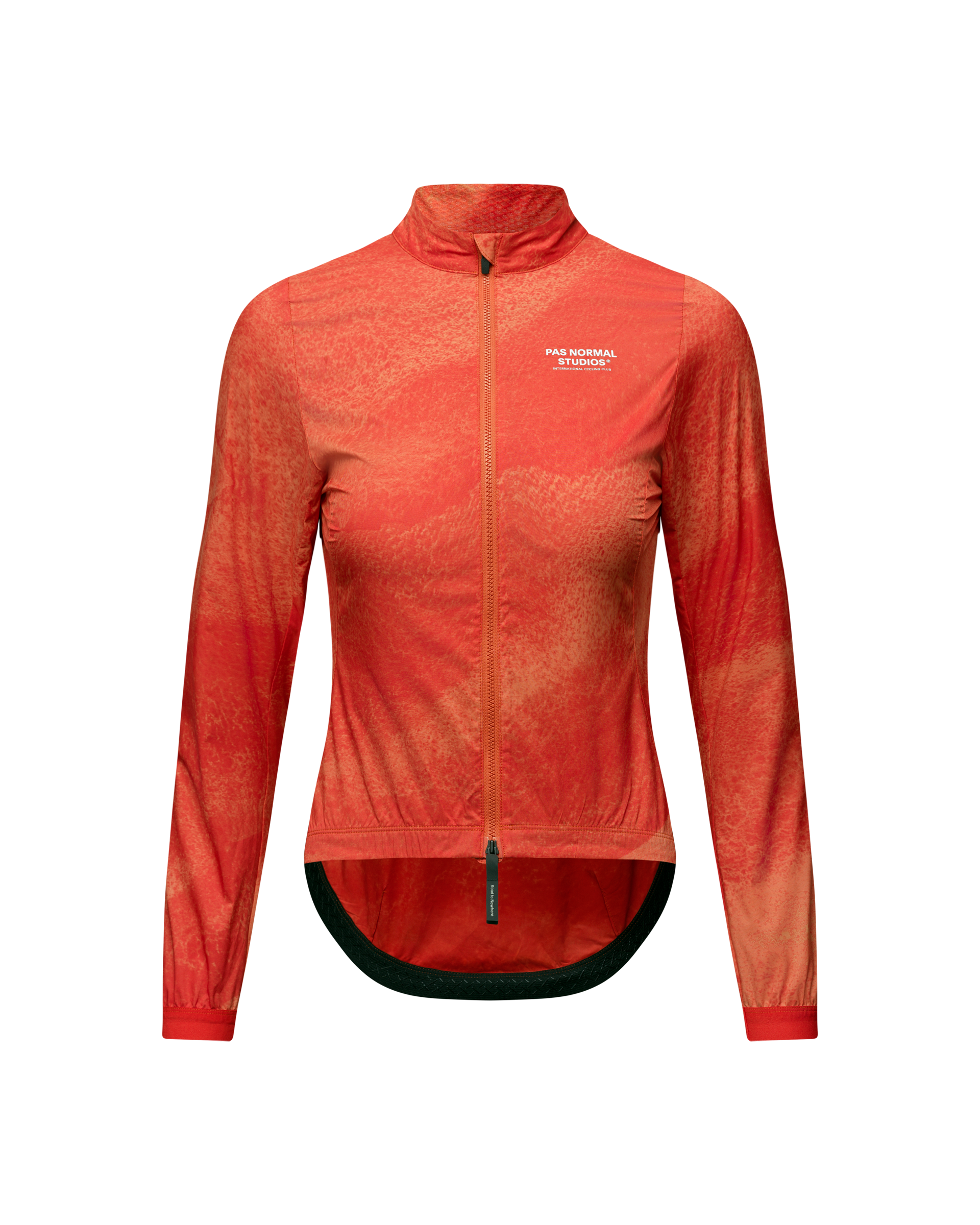 Orange Mechanism Stow Away cycling jacket, front view with textured fabric and full zip